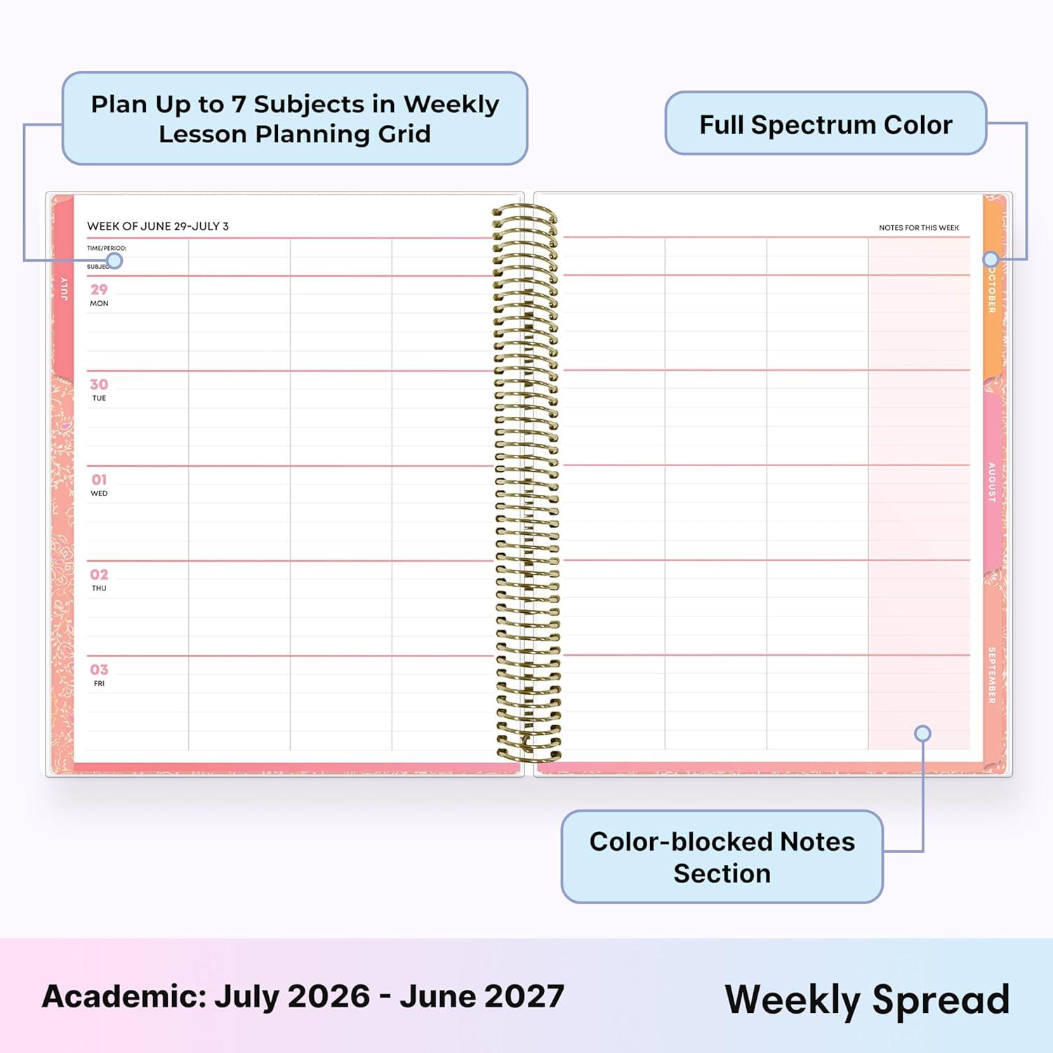 imageBlue Sky Teachwell 20262027 Weekly and Monthly Academic Year Teacher Lesson Planner Calendar July 2026 June 2027 85 x 11 Flexible Cover Heavy Duty Coil Binding Colorful Interior Laminated Tabs Storage Pocket Includes Stickers MeilaniMeilani 20262027