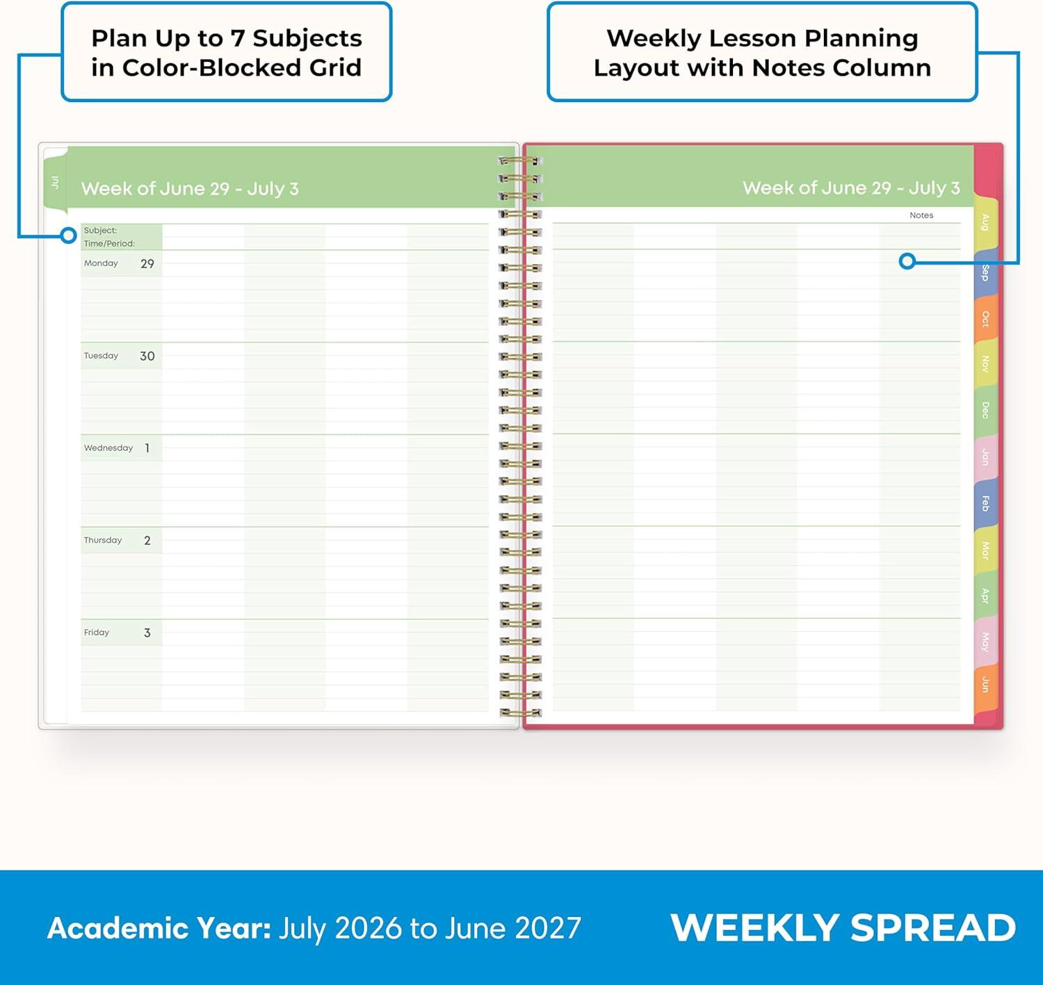 imageBlue Sky Teachwell 20262027 Weekly and Monthly Academic Year Teacher Lesson Planner Calendar July 2026 June 2027 85 x 11 Flexible Cover Heavy Duty Coil Binding Colorful Interior Laminated Tabs Storage Pocket Includes Stickers MeilaniMeilani 20262027