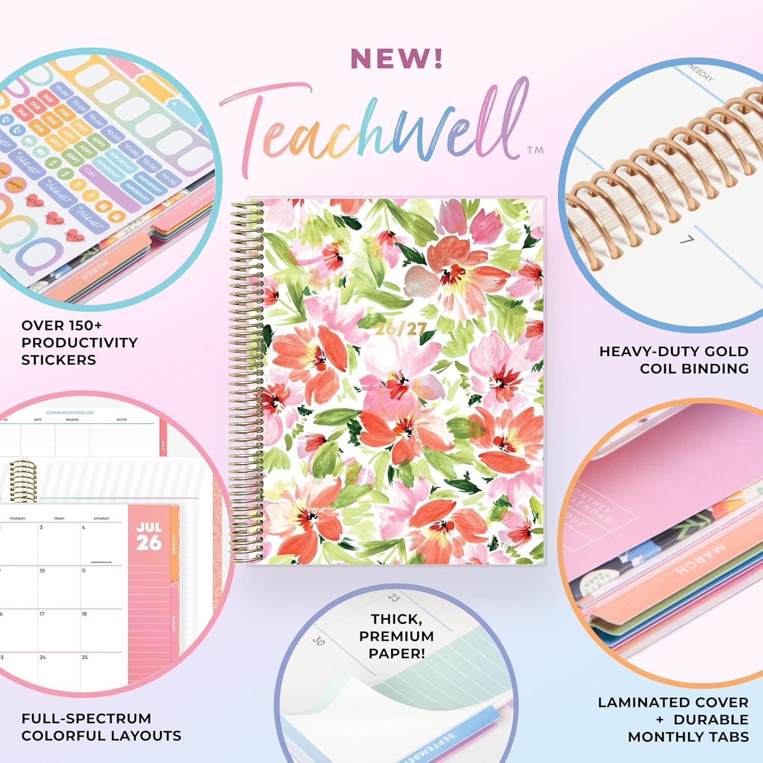 imageBlue Sky Teachwell 20262027 Weekly and Monthly Academic Year Teacher Lesson Planner Calendar July 2026 June 2027 85 x 11 Flexible Cover Heavy Duty Coil Binding Colorful Interior Laminated Tabs Storage Pocket Includes Stickers MeilaniMeilani 20262027