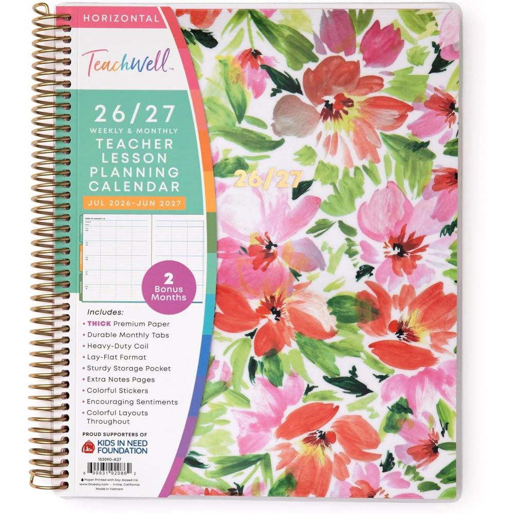 imageBlue Sky Teachwell 20262027 Weekly and Monthly Academic Year Teacher Lesson Planner Calendar July 2026 June 2027 85 x 11 Flexible Cover Heavy Duty Coil Binding Colorful Interior Laminated Tabs Storage Pocket Includes Stickers MeilaniMeilani 20262027