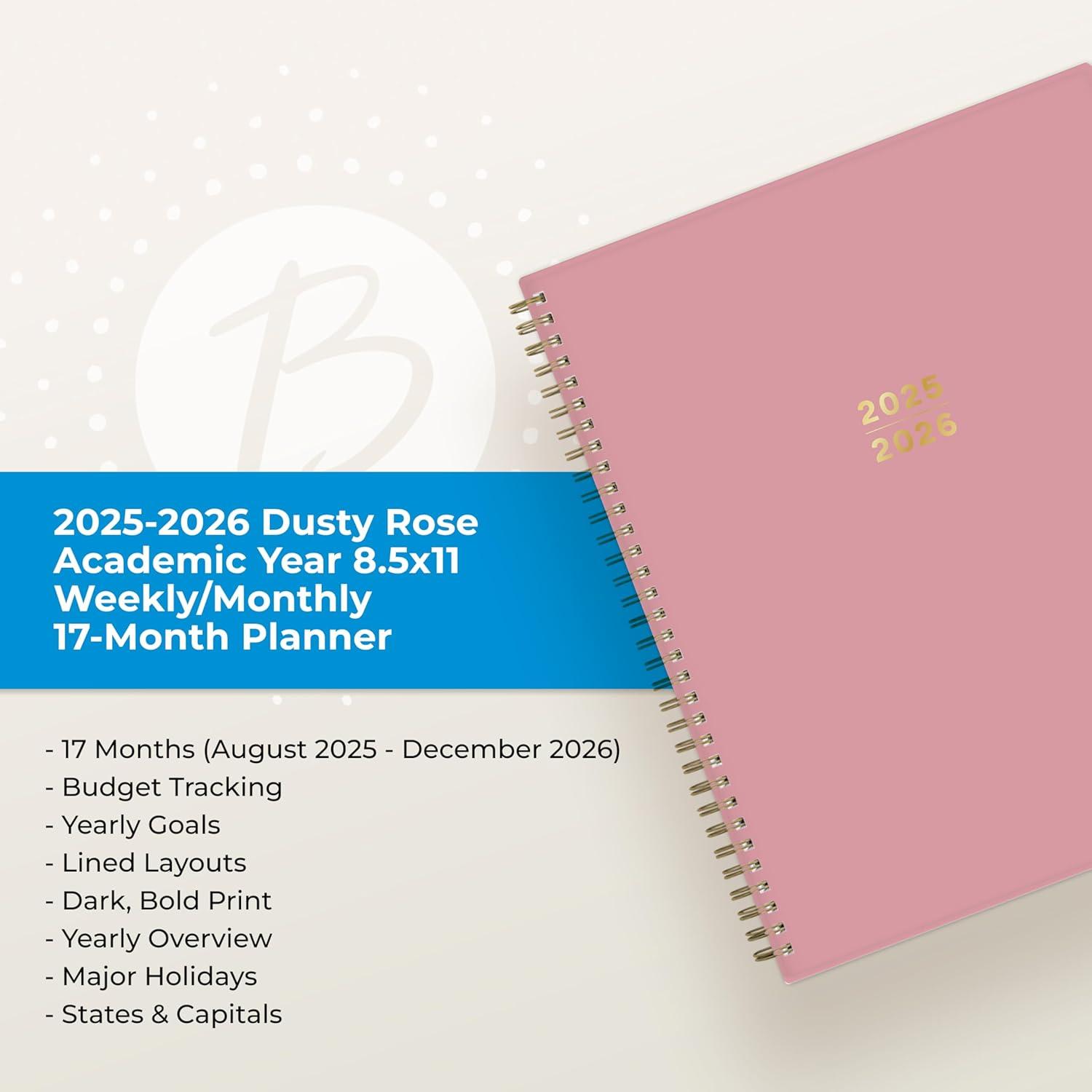 imageBlue Sky 17 Month 20262027 Weekly and Monthly Academic Year Planner Calendar August 2026 December 2027 85 x 11 Flexible Cover Wirebound Laminated Tabs BlackDusty Rose 20252026