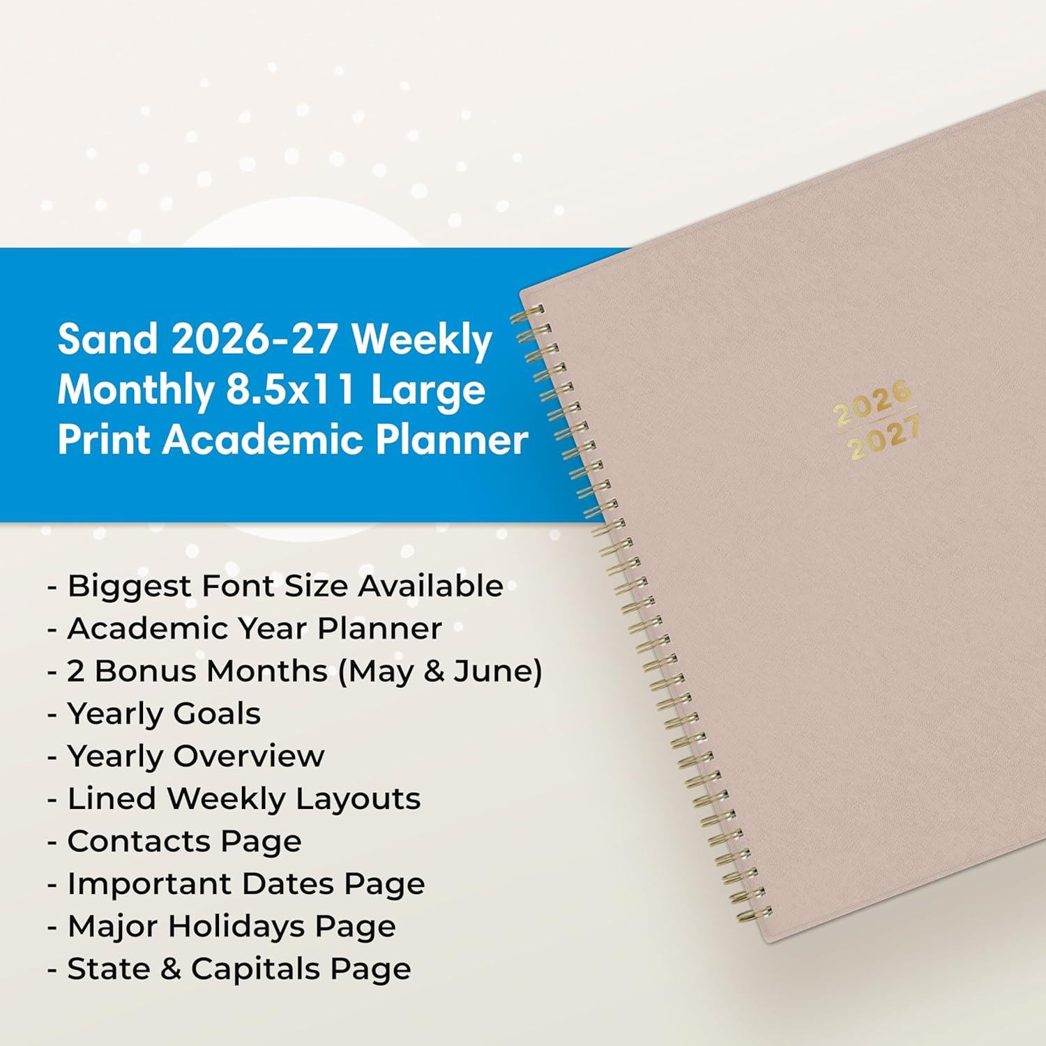imageBlue Sky 20262027 Large Print Weekly and Monthly Academic Year Planner Calendar July 2026 June 2027 85 x 11 Flexible Cover Wirebound Storage Pocket Laminated Tabs SandSand 20262027