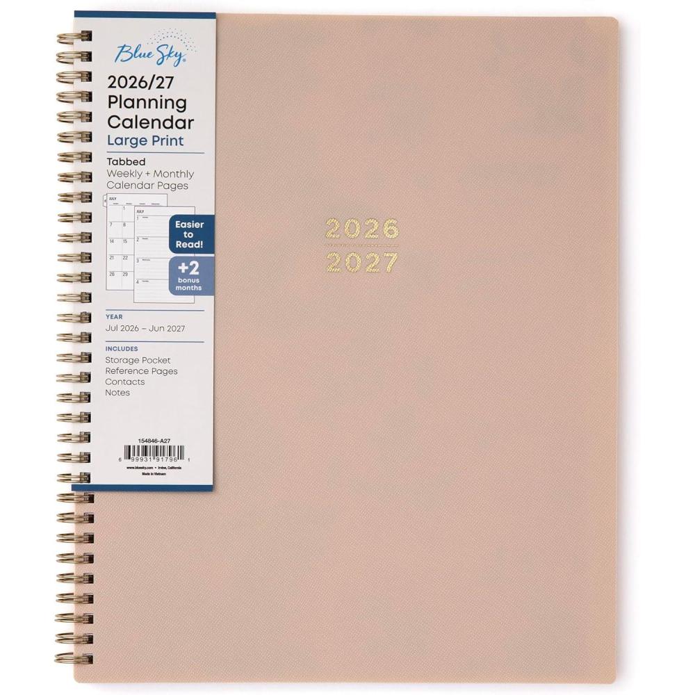 imageBlue Sky 20262027 Large Print Weekly and Monthly Academic Year Planner Calendar July 2026 June 2027 85 x 11 Flexible Cover Wirebound Storage Pocket Laminated Tabs SandSand 20262027