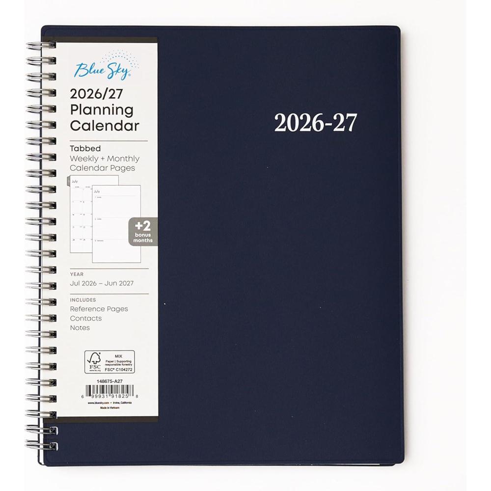 imageBlue Sky 20262027 Weekly and Monthly Academic Year Planner Calendar July 2026 June 2027 7 x 9 Flexible Cover Wirebound Laminated Tabs Enterprise NavyEnterprise Navy 20262027
