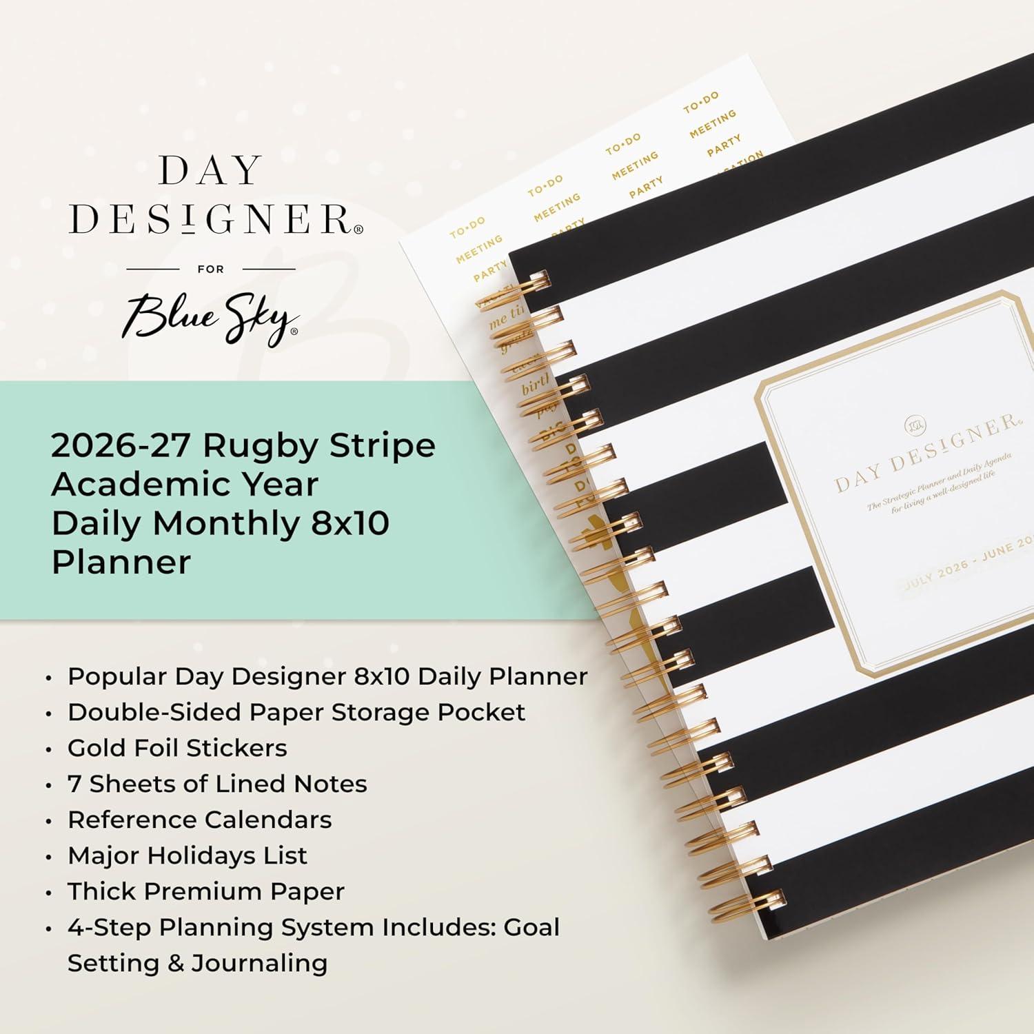 imageBlue Sky Day Designer 20262027 Daily and Monthly Academic Year Planner Calendar July 2026 June 2027 8 x 10 Flexible Cover Laminated Tabs Storage Pocket Includes Stickers Black StripeBlack Stripe 20262027