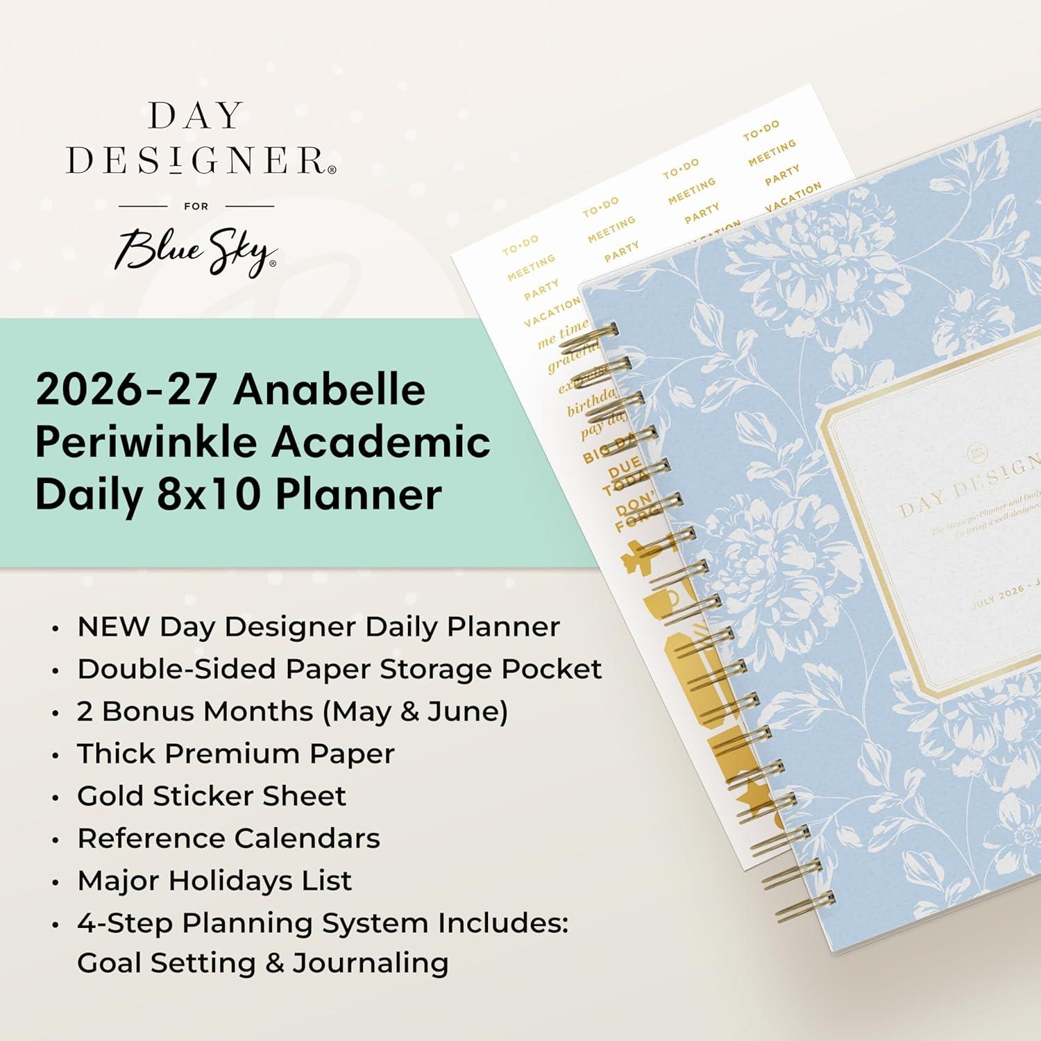 imageBlue Sky Day Designer 20262027 Daily and Monthly Academic Year Planner Calendar July 2026 June 2027 8 x 10 Flexible Cover Laminated Tabs Storage Pocket Includes Stickers Black StripeAnnabel 20262027