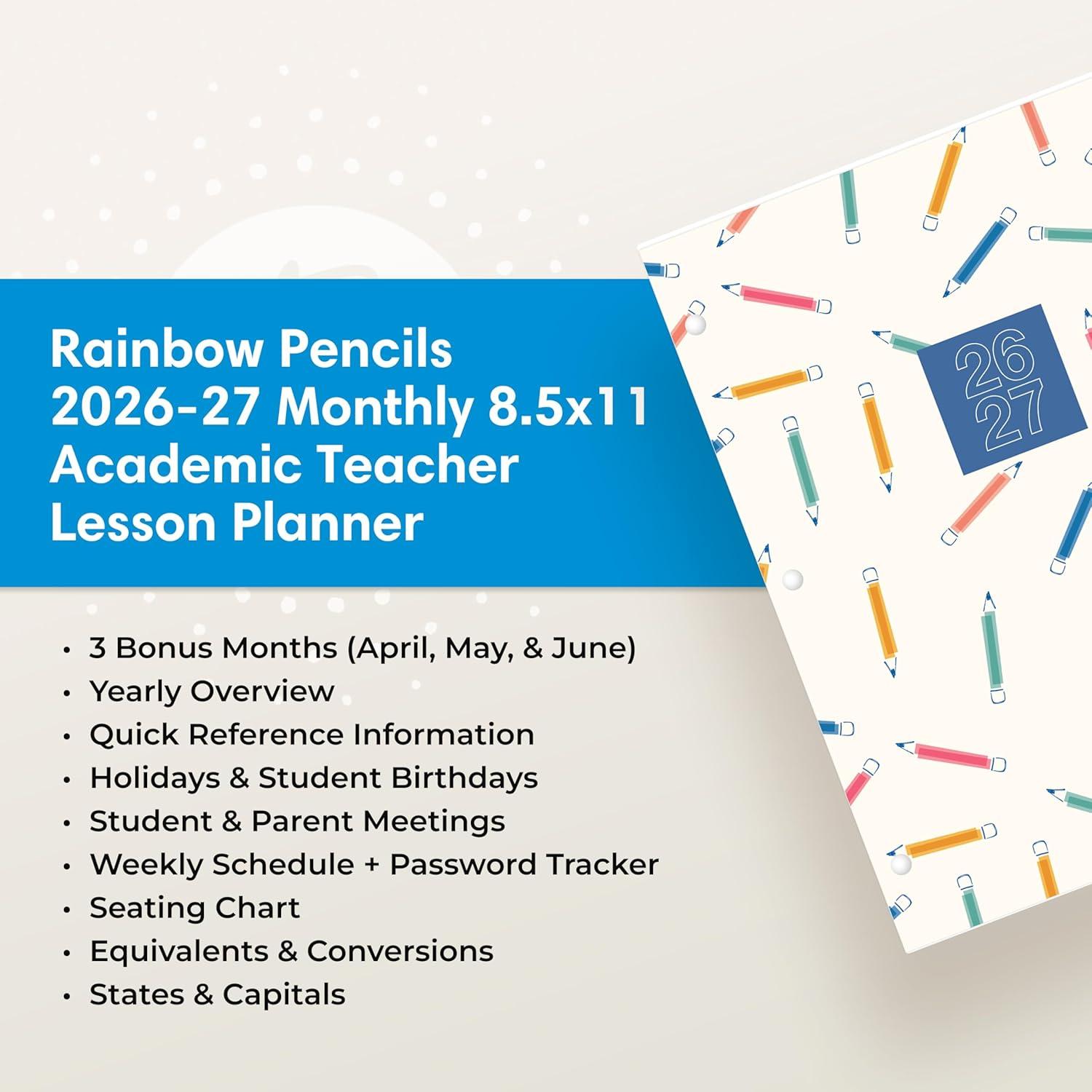 imageBlue Sky 20262027 Monthly Academic Year Teacher Planner Calendar July 2026 June 2027 85 x 11 Coated Paper Cover Stapled Binding Rainbow PencilsRainbow Pencils 20262027