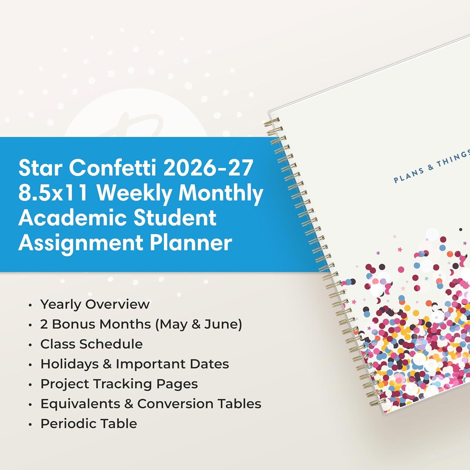 imageBlue Sky 20262027 Weekly and Monthly Academic Year Student Planner Calendar July 2026 June 2027 85 x 11 Flexible Cover Wirebound Laminated Tabs Storage Pocket Star Confetti BrightStar Confetti Bright 20262027