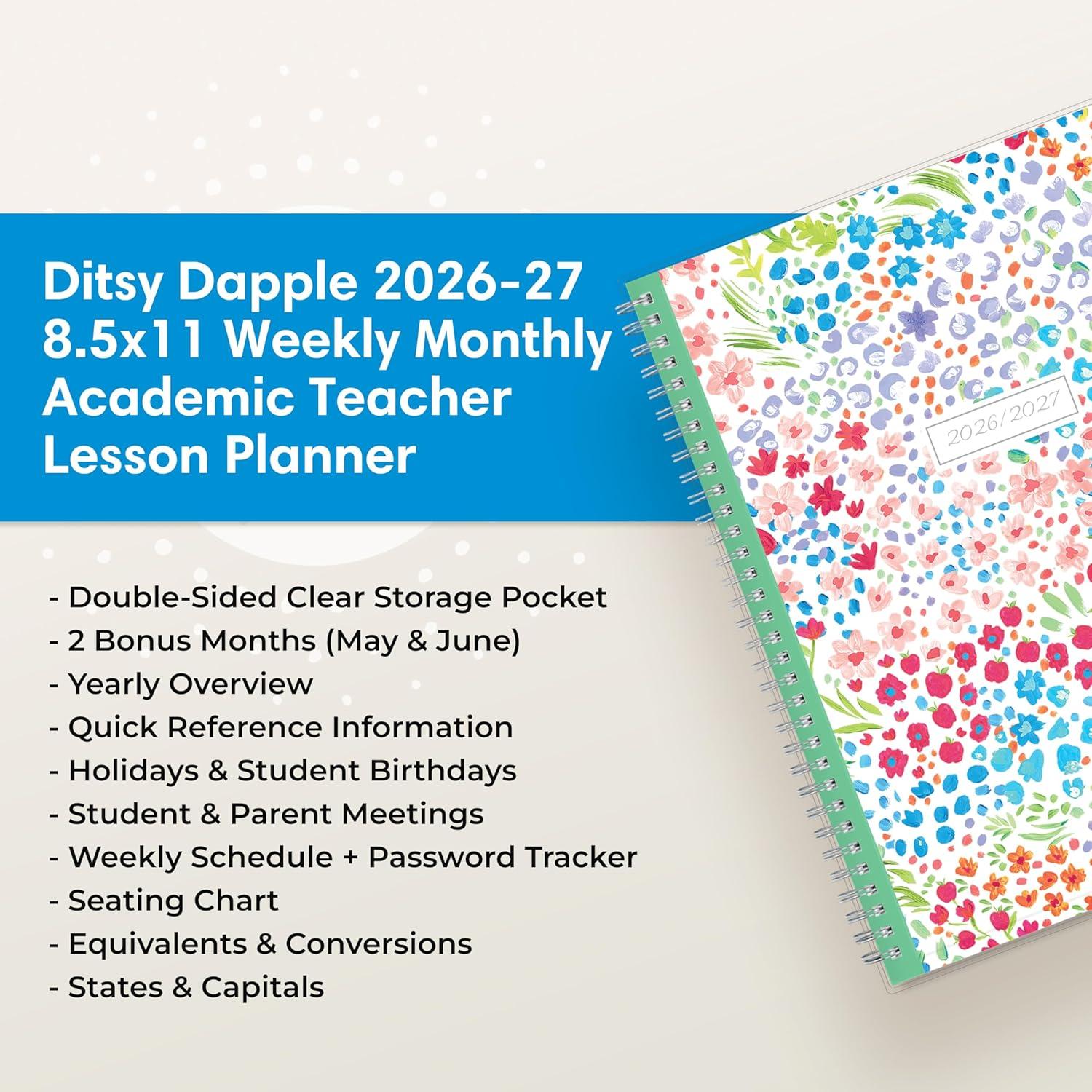 imageBlue Sky 20262027 Weekly and Monthly Academic Year Teacher Lesson Planner Calendar July 2026 June 2027 85 x 11 Clear Pocket Cover Wirebound Laminated Tabs Storage Pocket Ditsy Dapple LightDitsy Dapple Light 20262027