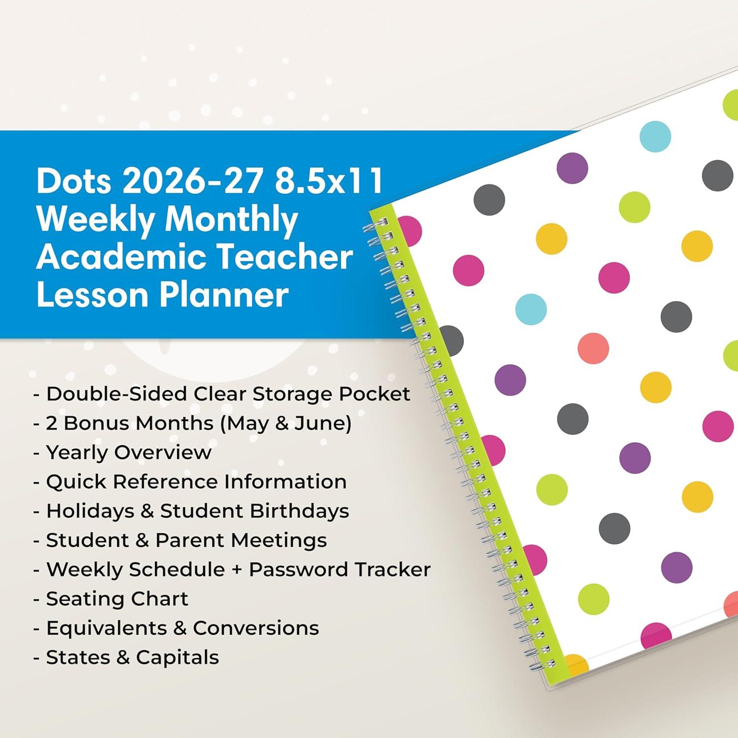 imageBlue Sky 20262027 Weekly and Monthly Academic Year Teacher Lesson Planner Calendar July 2026 June 2027 85 x 11 Clear Pocket Cover Wirebound Laminated Tabs Storage Pocket DotsDots 20262027