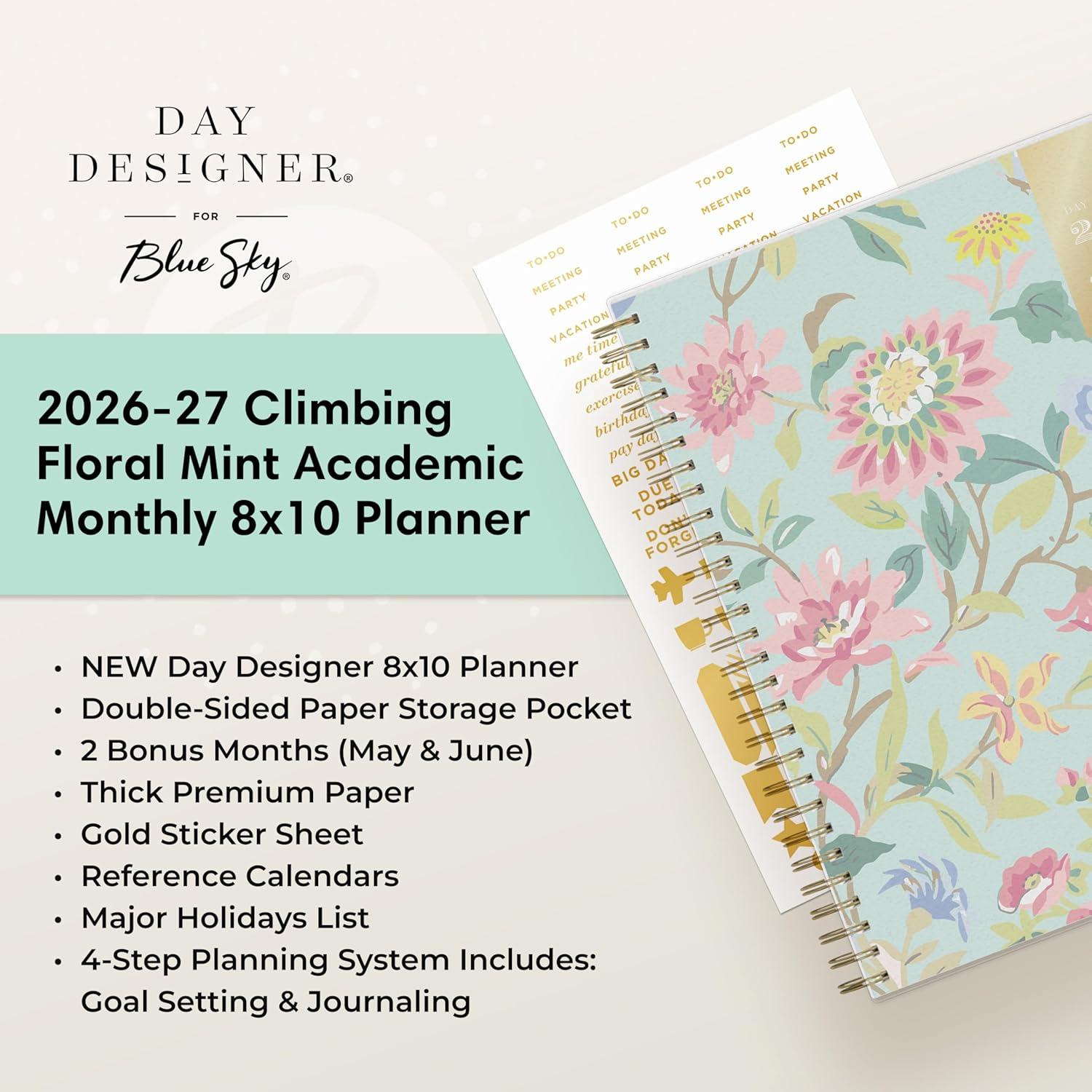 imageBlue Sky Day Designer 20262027 Monthly Academic Year Planner Calendar July 2026 June 2027 8 x 10 Monthly Layout Flexible Cover Wirebound Laminated Tabs Climbing Floral MintClimbing Floral Mint 20262027