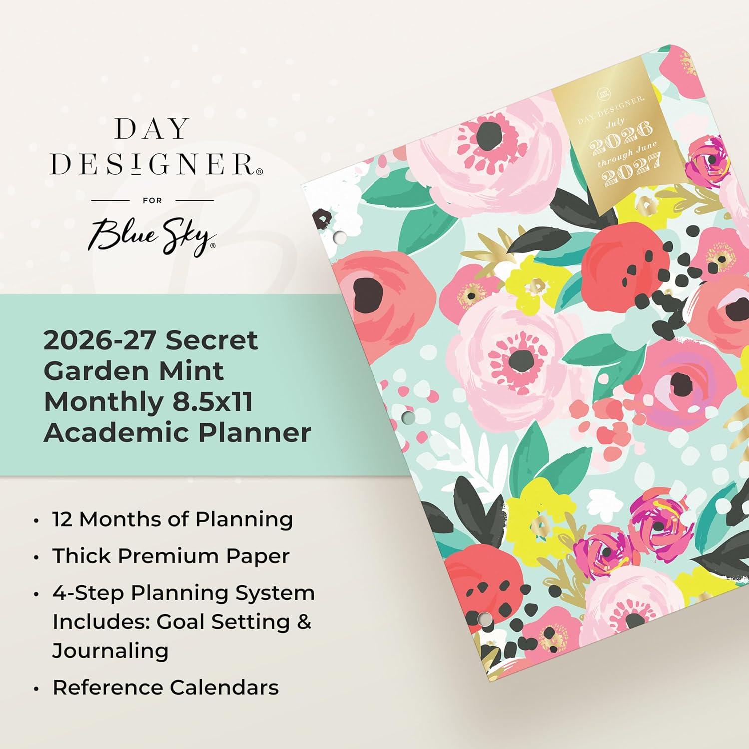 imageBlue Sky Day Designer 20262027 Monthly Academic Year Planner Calendar July 2026 June 2027 85 x 11 Flexible Cover Stapled Binding Secret Garden MintSecret Garden Mint 20262027