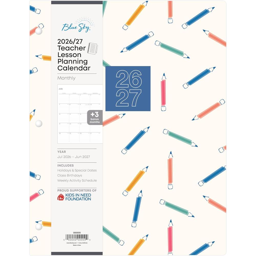 imageBlue Sky 20262027 Monthly Academic Year Teacher Planner Calendar July 2026 June 2027 85 x 11 Coated Paper Cover Stapled Binding Rainbow PencilsRainbow Pencils 20262027
