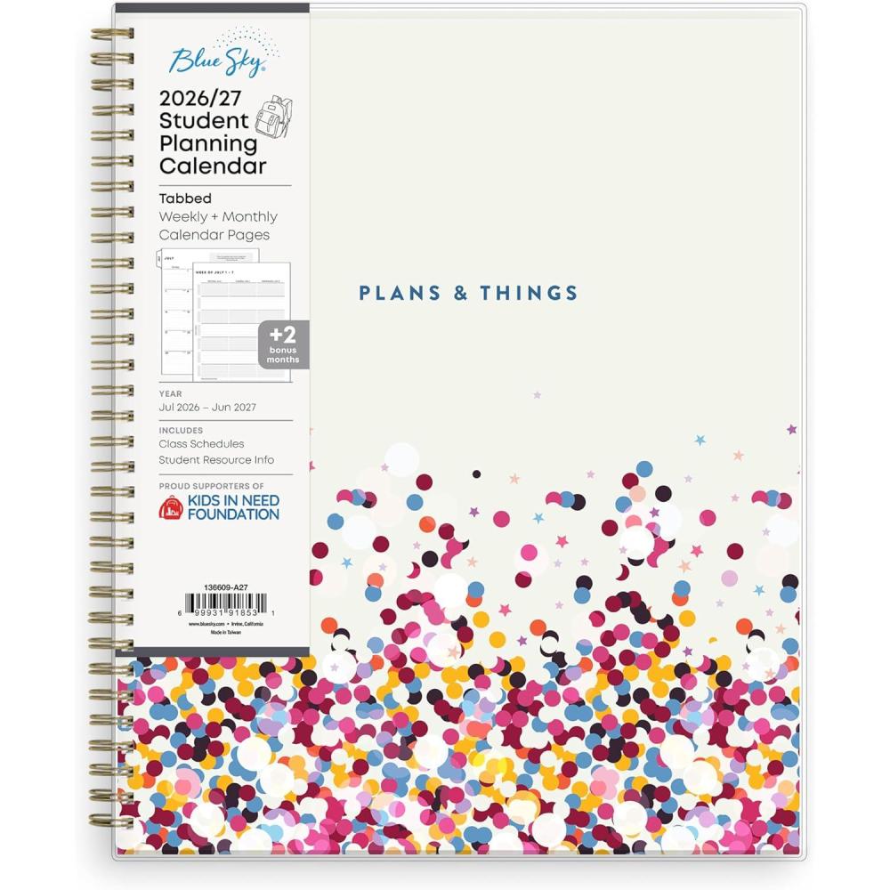 imageBlue Sky 20262027 Weekly and Monthly Academic Year Student Planner Calendar July 2026 June 2027 85 x 11 Flexible Cover Wirebound Laminated Tabs Storage Pocket Star Confetti BrightStar Confetti Bright 20262027