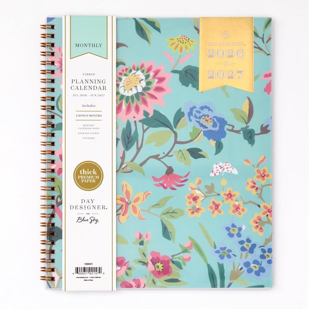 imageBlue Sky Day Designer 20262027 Monthly Academic Year Planner Calendar July 2026 June 2027 8 x 10 Monthly Layout Flexible Cover Wirebound Laminated Tabs Climbing Floral MintClimbing Floral Mint 20262027