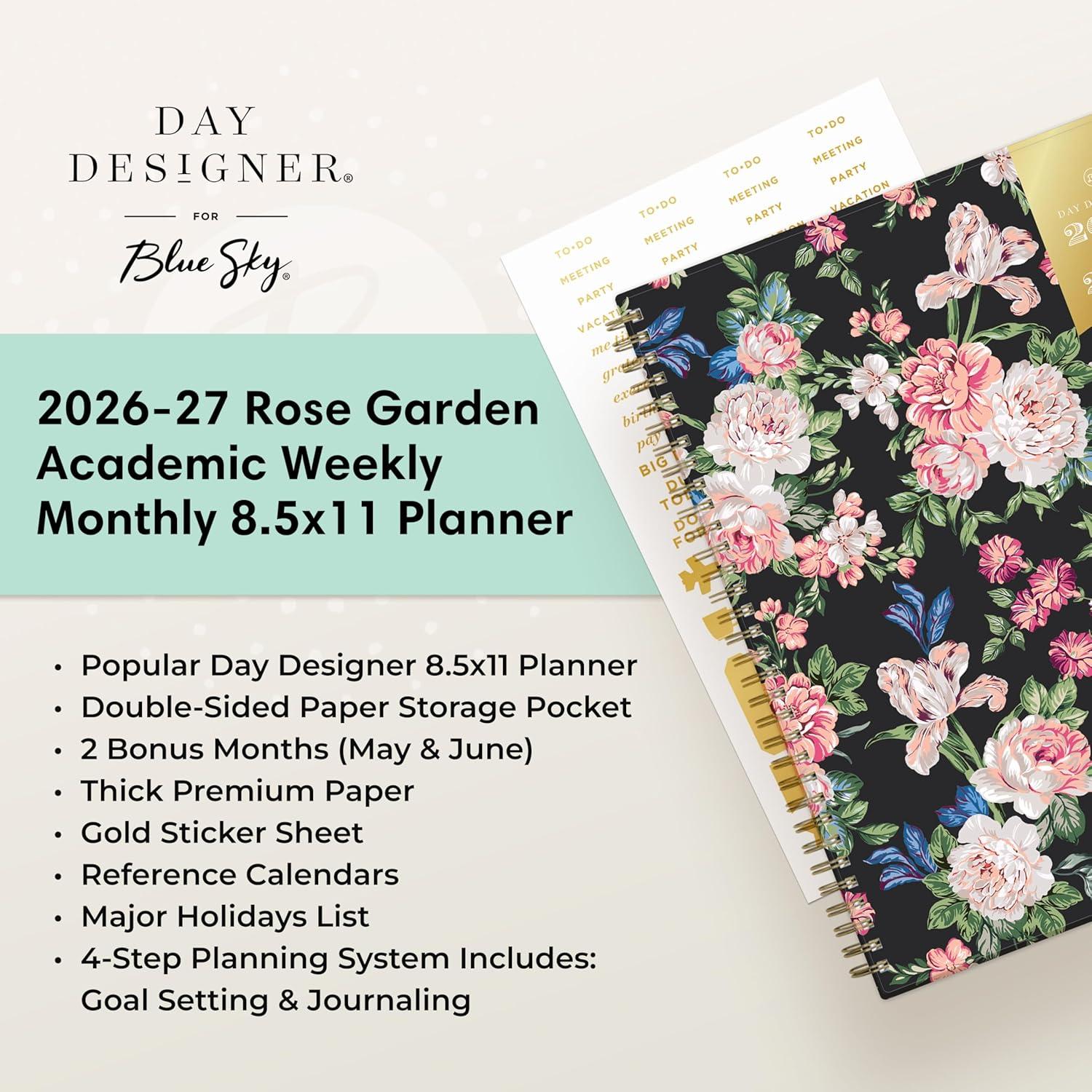 imageBlue Sky Day Designer 20262027 Weekly and Monthly Academic Year Planner Calendar July 2026 June 2027 85 x 11 Flexible Cover Laminated Tabs Storage Pocket Includes Stickers Rose GardenRose Garden 20262027