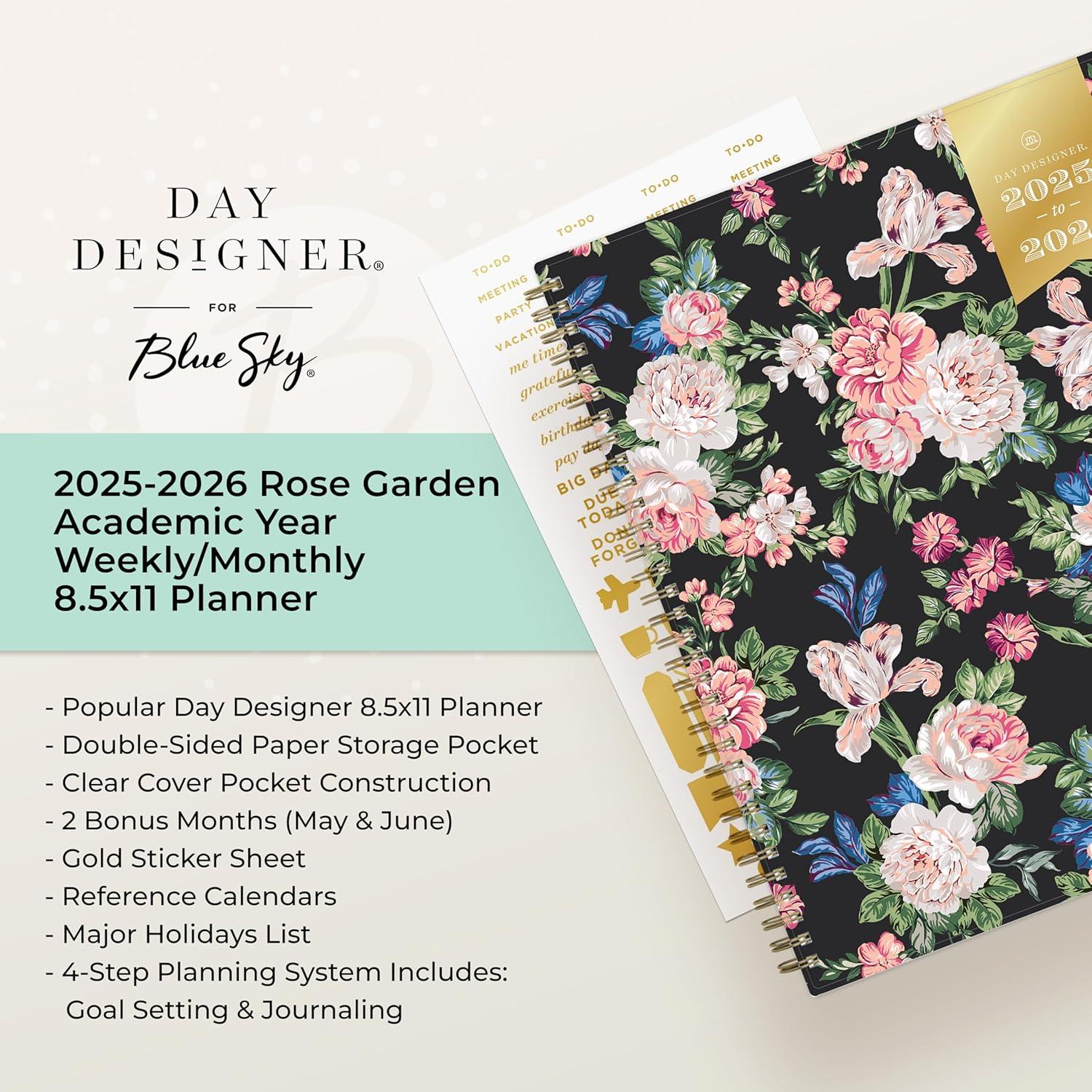imageBlue Sky Day Designer 20262027 Weekly and Monthly Academic Year Planner Calendar July 2026 June 2027 85 x 11 Flexible Cover Laminated Tabs Storage Pocket Includes Stickers Rose GardenRose Garden 20252026