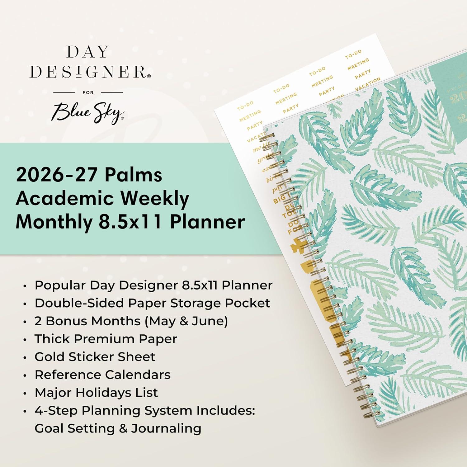 imageBlue Sky Day Designer 20262027 Weekly and Monthly Academic Year Planner Calendar July 2026 June 2027 85 x 11 Flexible Cover Laminated Tabs Storage Pocket Includes Stickers PalmsPalms 20262027