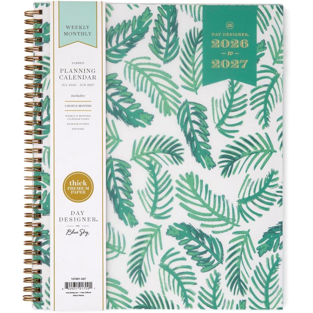 imageBlue Sky Day Designer 20262027 Weekly and Monthly Academic Year Planner Calendar July 2026 June 2027 85 x 11 Flexible Cover Laminated Tabs Storage Pocket Includes Stickers PalmsPalms 20262027