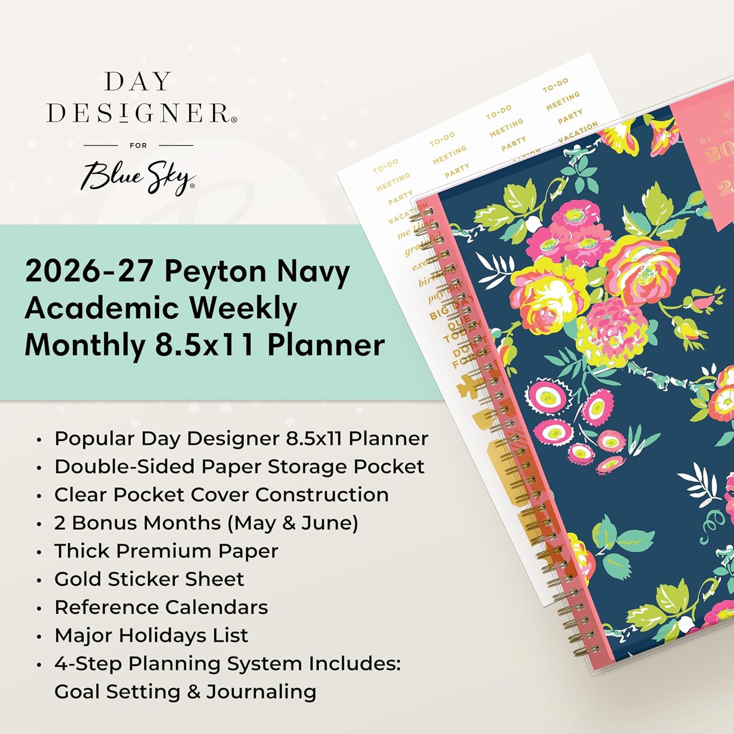 imageBlue Sky Day Designer 20262027 Weekly and Monthly Academic Year Planner Calendar July 2026 June 2027 85 x 11 Clear Pocket Cover Laminated Tabs Storage Pocket Includes Stickers Peyton NavyPeyton Navy 20262027