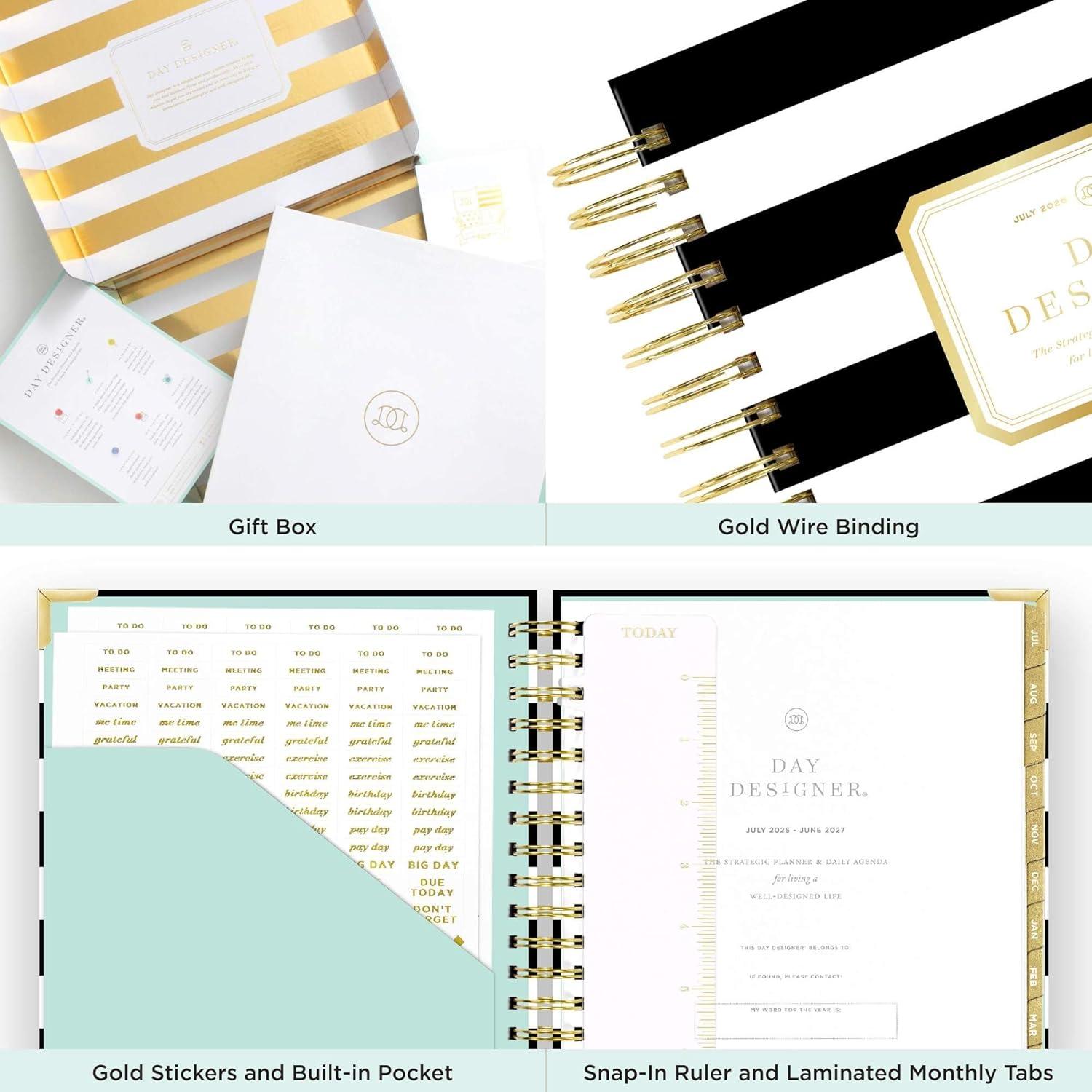 imageDay Designer 20262027 Daily Planner Premium Planner for Stylish Organization Combines Monthly Calendar Hourly Schedule ToDo List Gratitude Goal Setting Inspirational Quotes Stickers amp More Elegant laminated Cover with Gold Accents Azure 202627Black Stripe 202627