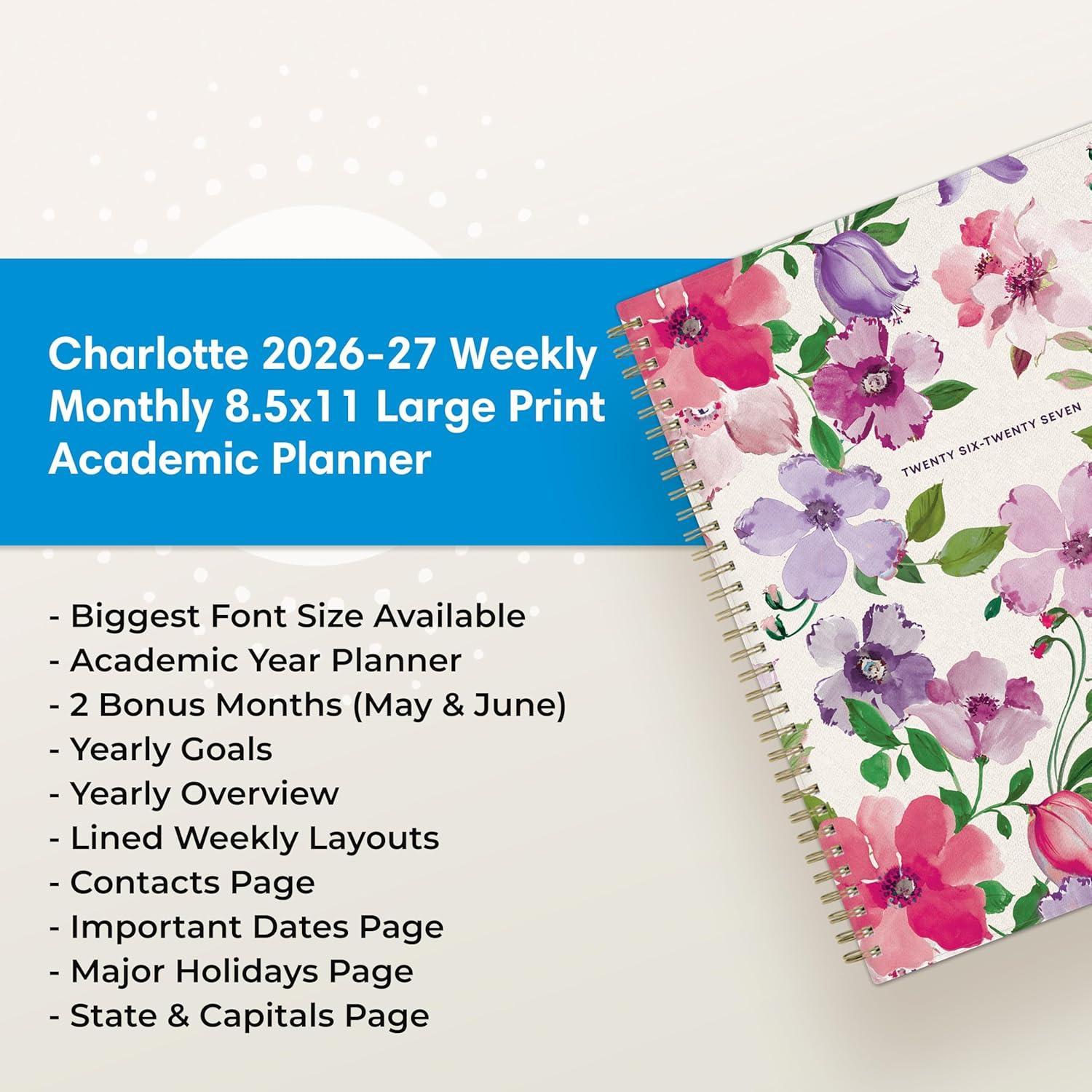 imageBlue Sky 20262027 Large Print Weekly and Monthly Academic Year Planner Calendar July 2026 June 2027 85 x 11 Flexible Cover Wirebound Storage Pocket Laminated Tabs CharlotteCharlotte 20262027