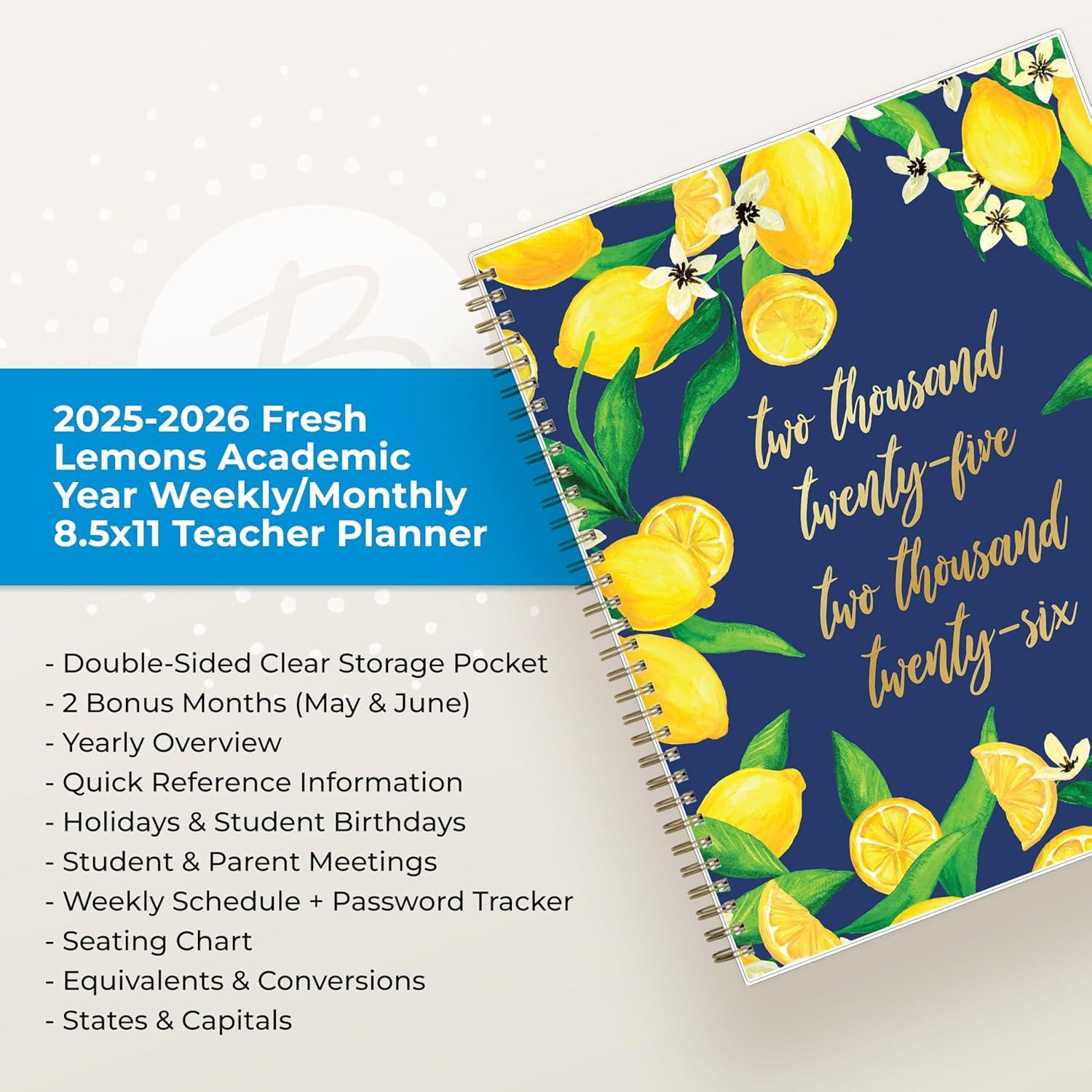 imageBlue Sky 20262027 Weekly and Monthly Academic Year Teacher Lesson Planner Calendar July 2026 June 2027 85 x 11 Flexible Cover Wirebound Laminated Tabs Storage Pocket Fresh LemonsFresh Lemons 20252026