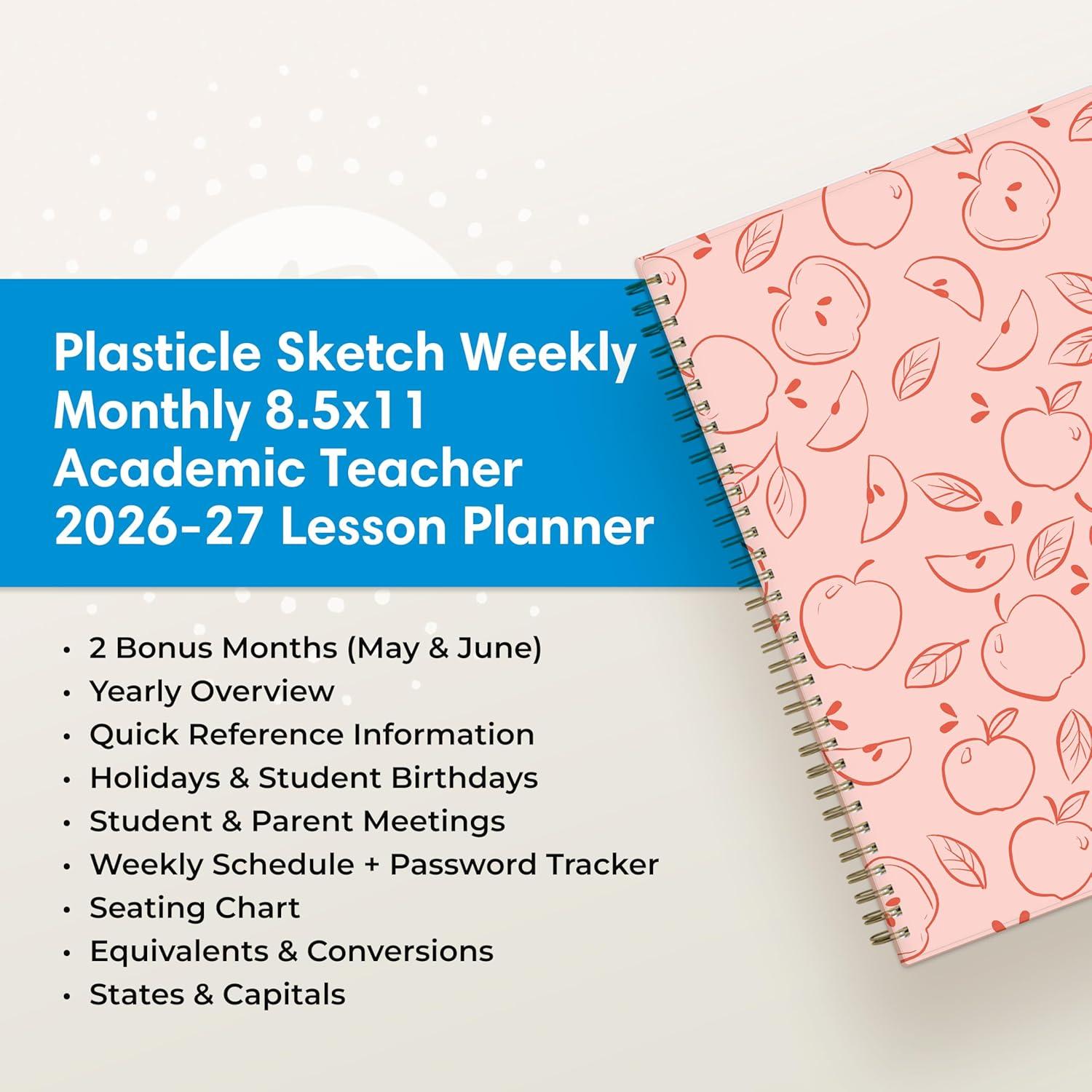 imageBlue Sky 20262027 Weekly and Monthly Academic Year Teacher Lesson Planner Calendar July 2026 June 2027 85 x 11 Flexible Cover Wirebound Laminated Tabs Storage Pocket Apple SketchApple Sketch 20262027