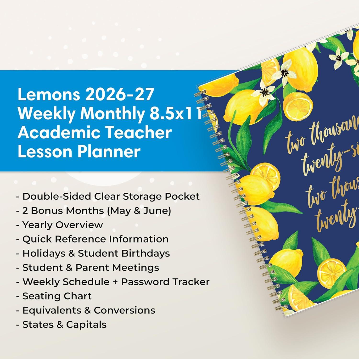 imageBlue Sky 20262027 Weekly and Monthly Academic Year Teacher Lesson Planner Calendar July 2026 June 2027 85 x 11 Flexible Cover Wirebound Laminated Tabs Storage Pocket Fresh LemonsFresh Lemons 20262027