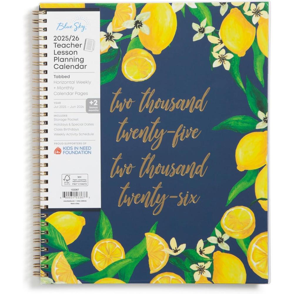 imageBlue Sky 20262027 Weekly and Monthly Academic Year Teacher Lesson Planner Calendar July 2026 June 2027 85 x 11 Flexible Cover Wirebound Laminated Tabs Storage Pocket Fresh LemonsFresh Lemons 20252026