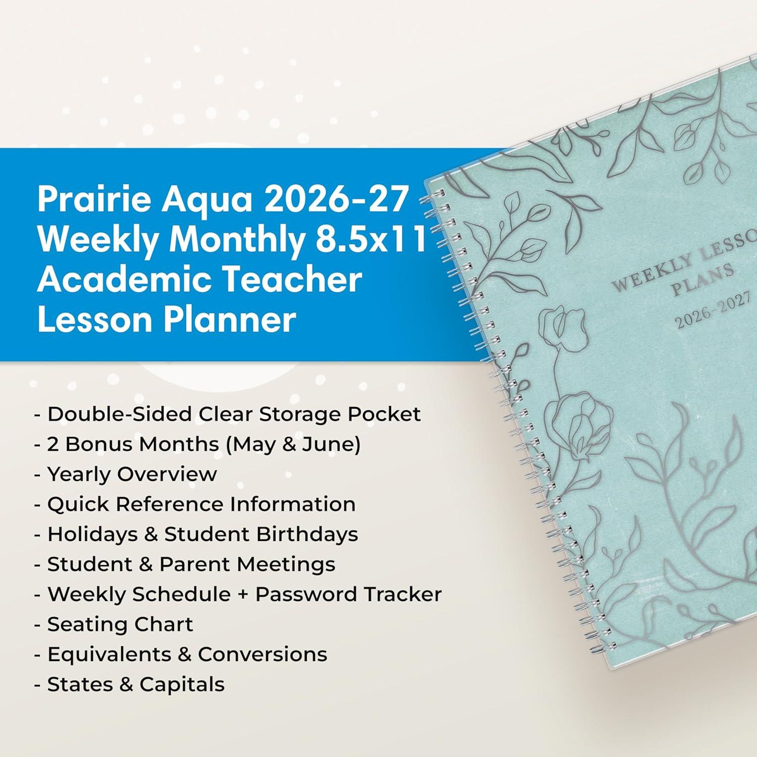 imageBlue Sky 20262027 Weekly and Monthly Academic Year Teacher Lesson Planner Calendar July 2026 June 2027 85 x 11 Flexible Cover Wirebound Laminated Tabs Storage Pocket Prairie AquaPrairie Aqua 20262027