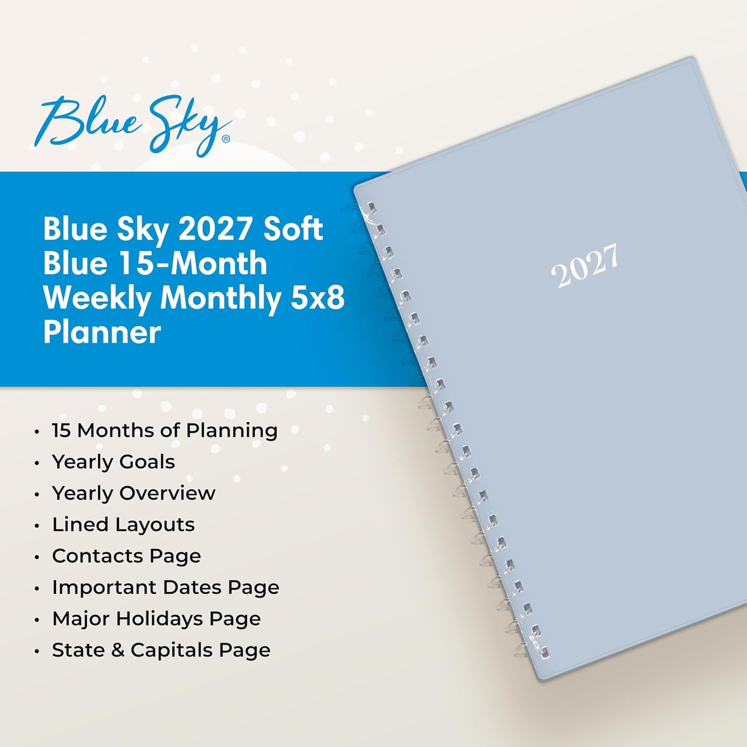 image:imageBlue Sky 2027 15Month Weekly amp Monthly Planner Calendar 5x8 Soft Blue