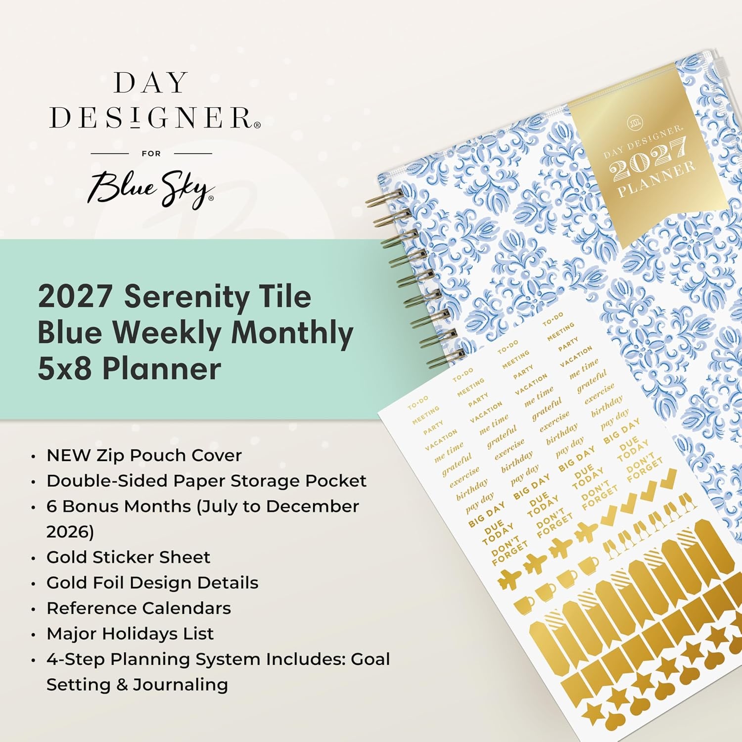 image:imageBlue Sky 2027 Weekly amp Monthly Planner Calendar 5x8 Serenity Tile BlueSerenity Tile Blue 2027