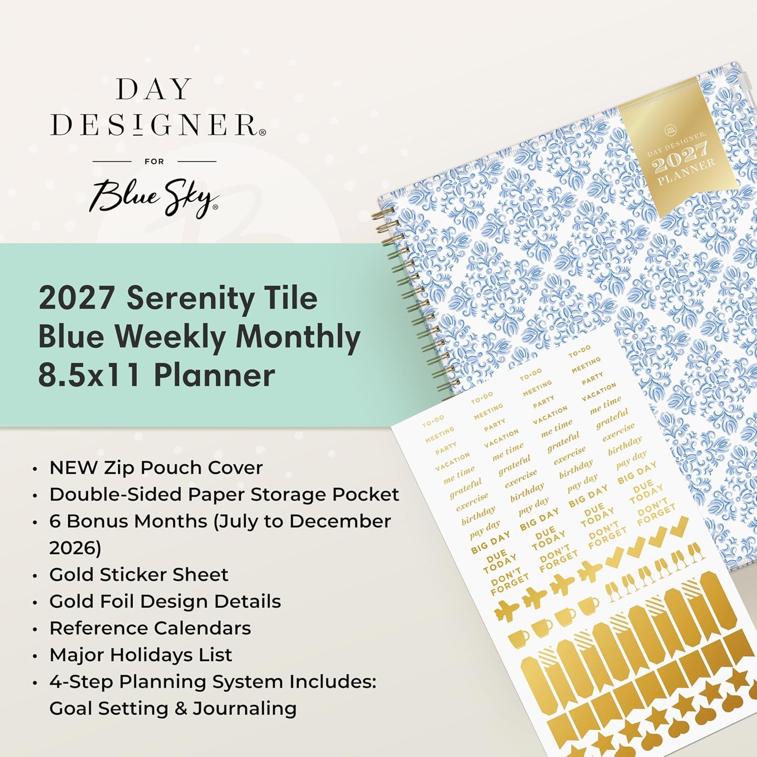 image:imageBlue Sky 2027 Weekly amp Monthly Planner Calendar 5x8 Serenity Tile BlueSerenity Tile Blue 2027