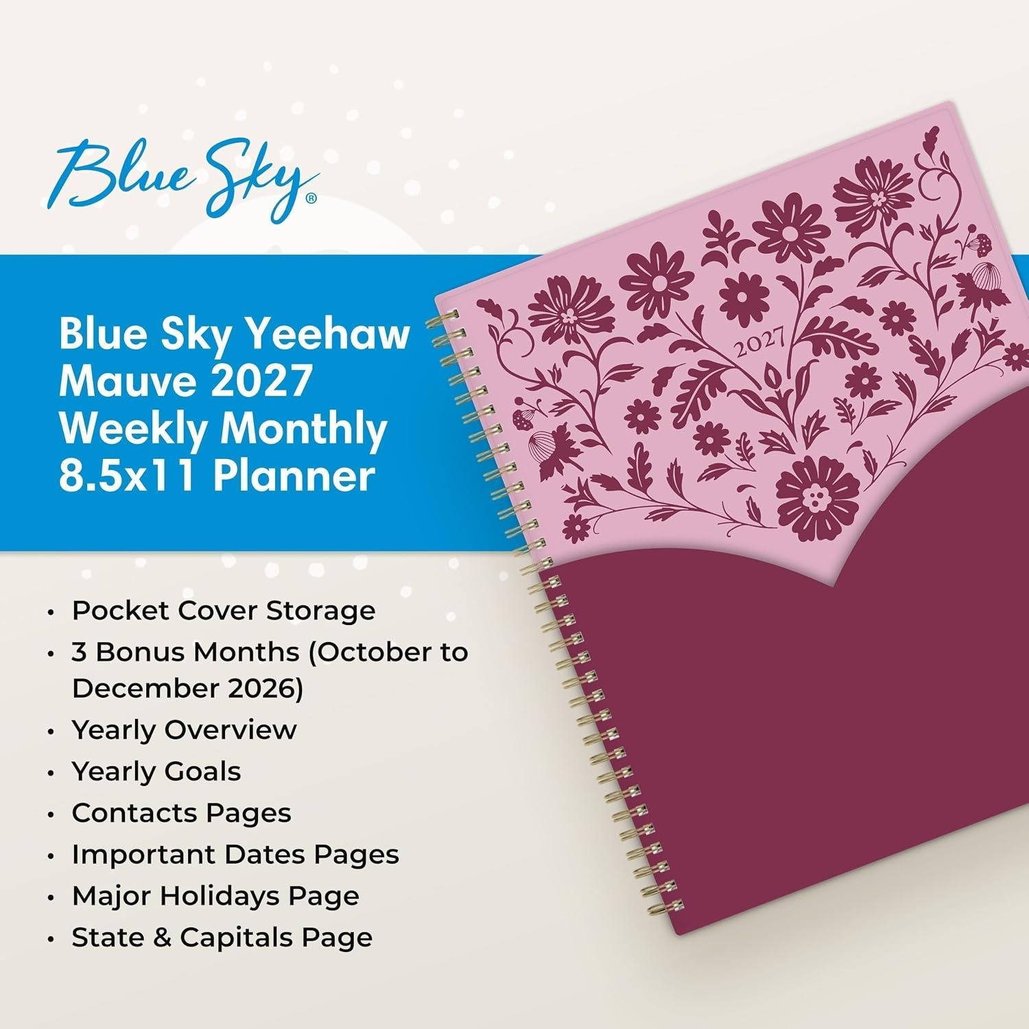 image:imageBlue Sky 2027 Weekly and Monthly Planner Calendar 85x11 Yeehaw Mauve