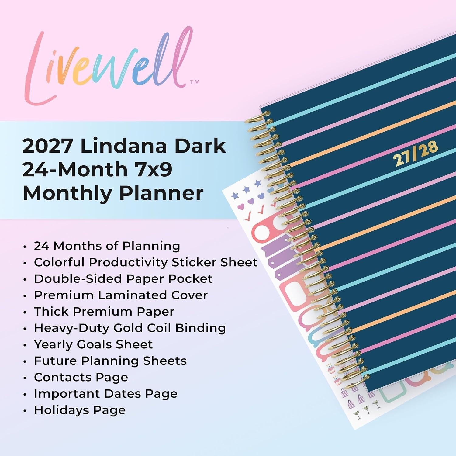 image:imageBlue Sky LiveWell 2027 24Month Monthly Planner Calendar 7x9 LindanaLindana 2027