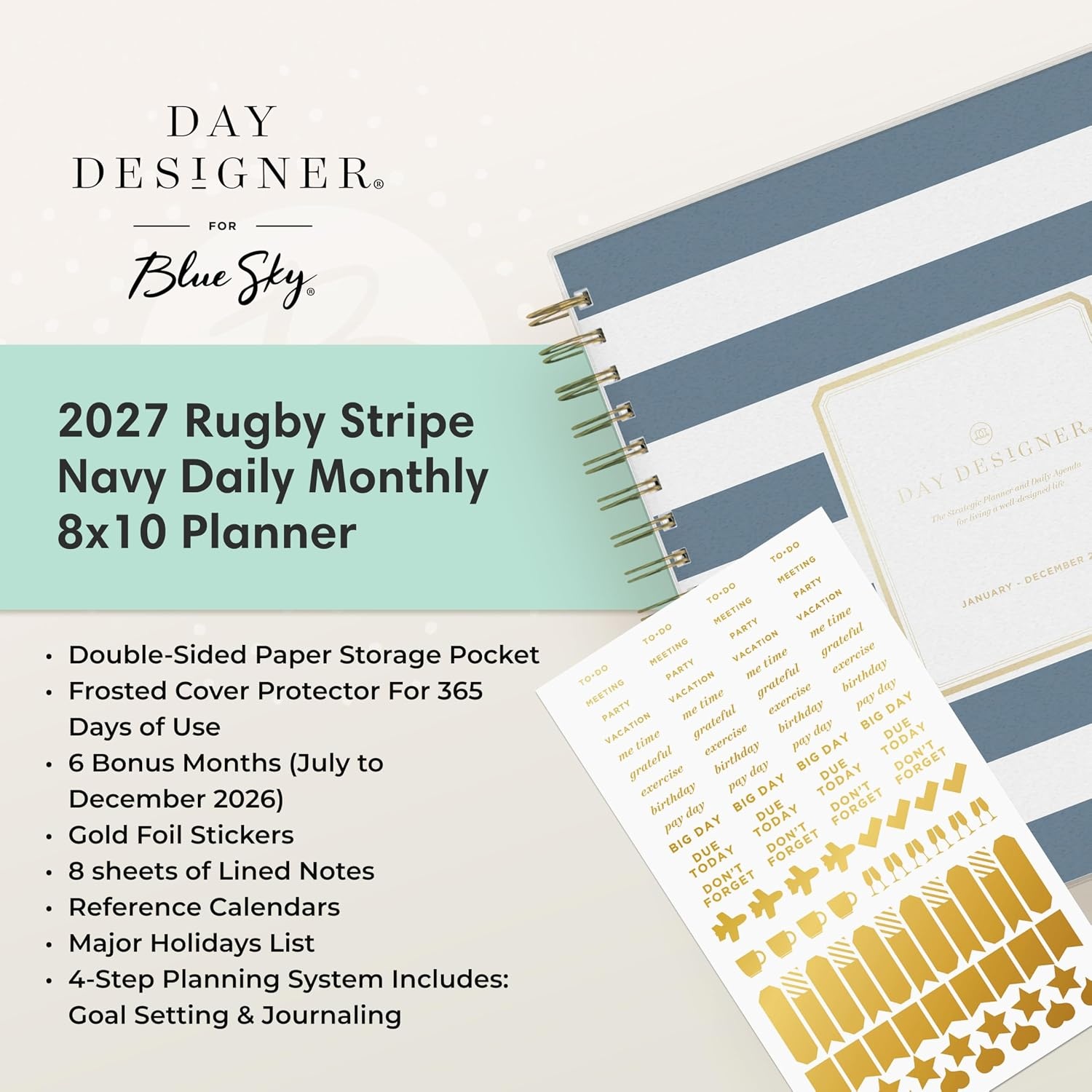 image:imageBlue Sky 2027 Daily amp Monthly Planner Calendar 8x10 Rugby Stripe Black