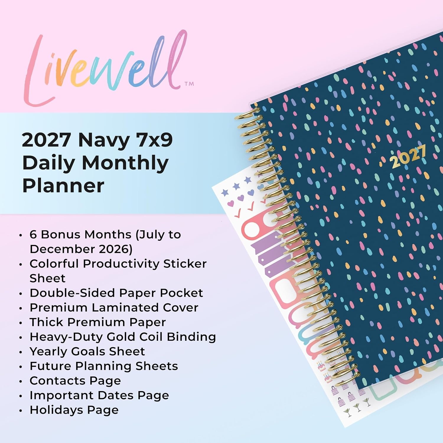image:imageBlue Sky LiveWell 2027 Daily and Monthly Planner Calendar 7x9 Nova Navy
