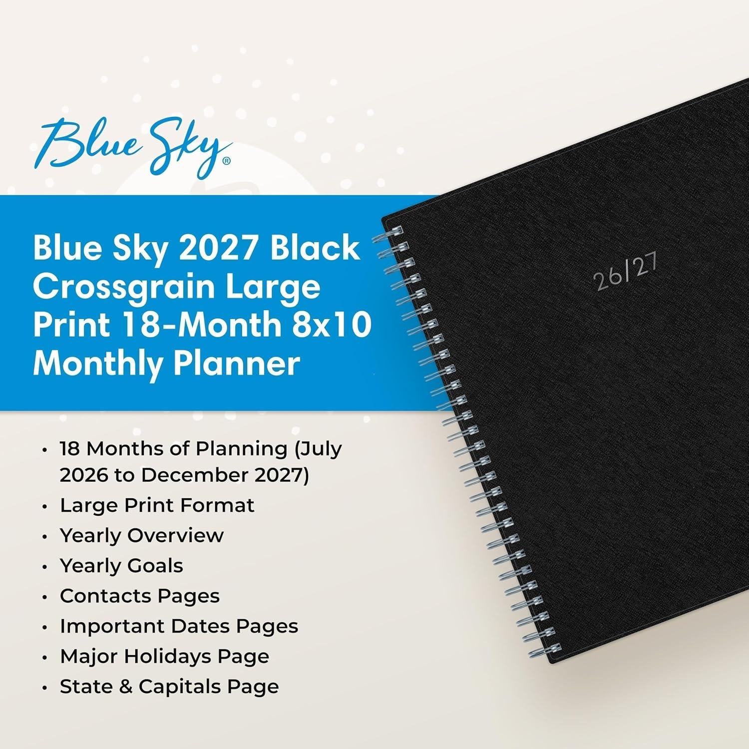 image:imageBlue Sky 2027 18Month Monthly Planner 8x10 Large Print Solid BlackSolid Black 2027