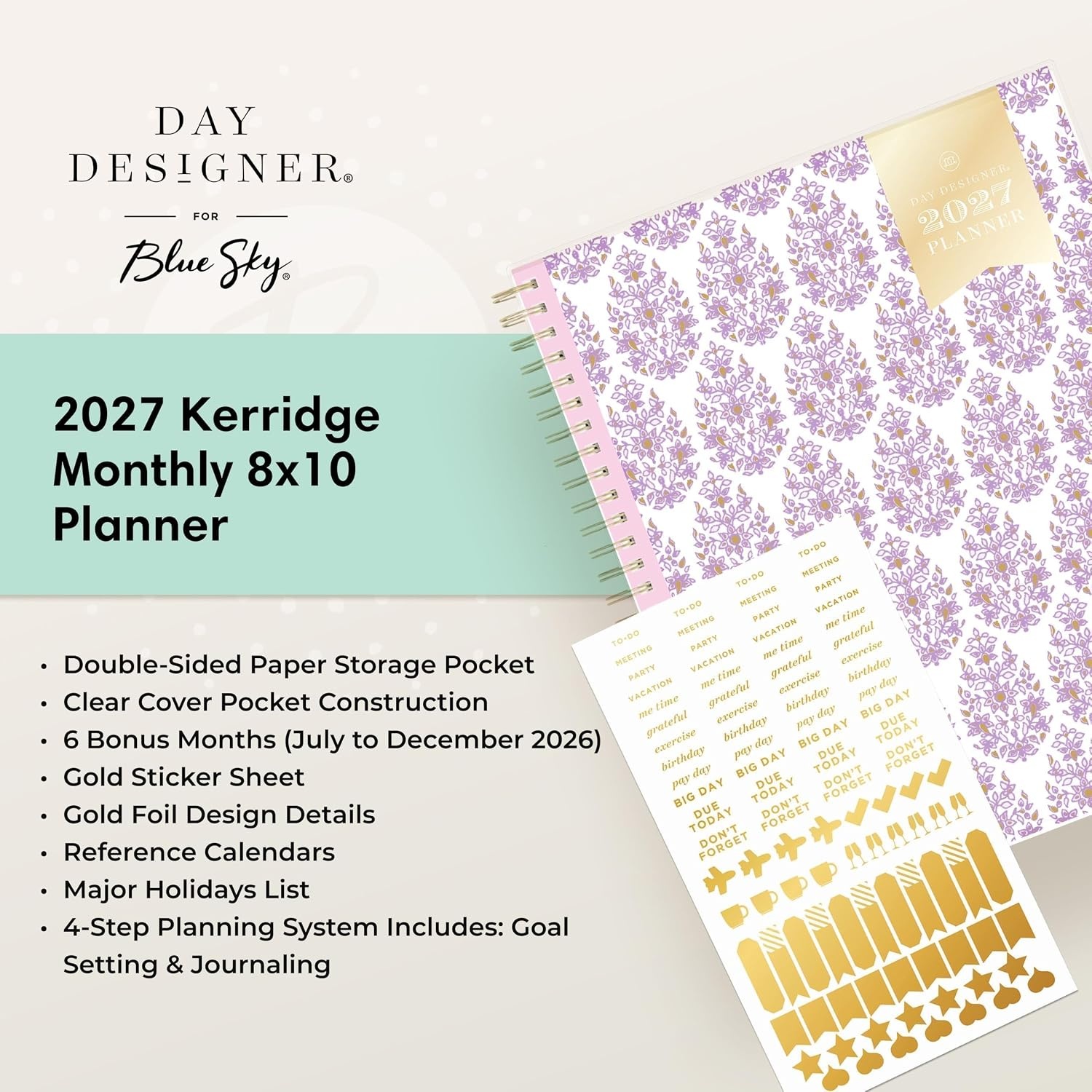 image:imageBlue Sky Day Designer 2027 Monthly Planner Calendar 8x10 Kerridge LilacKerridge Lilac 2027