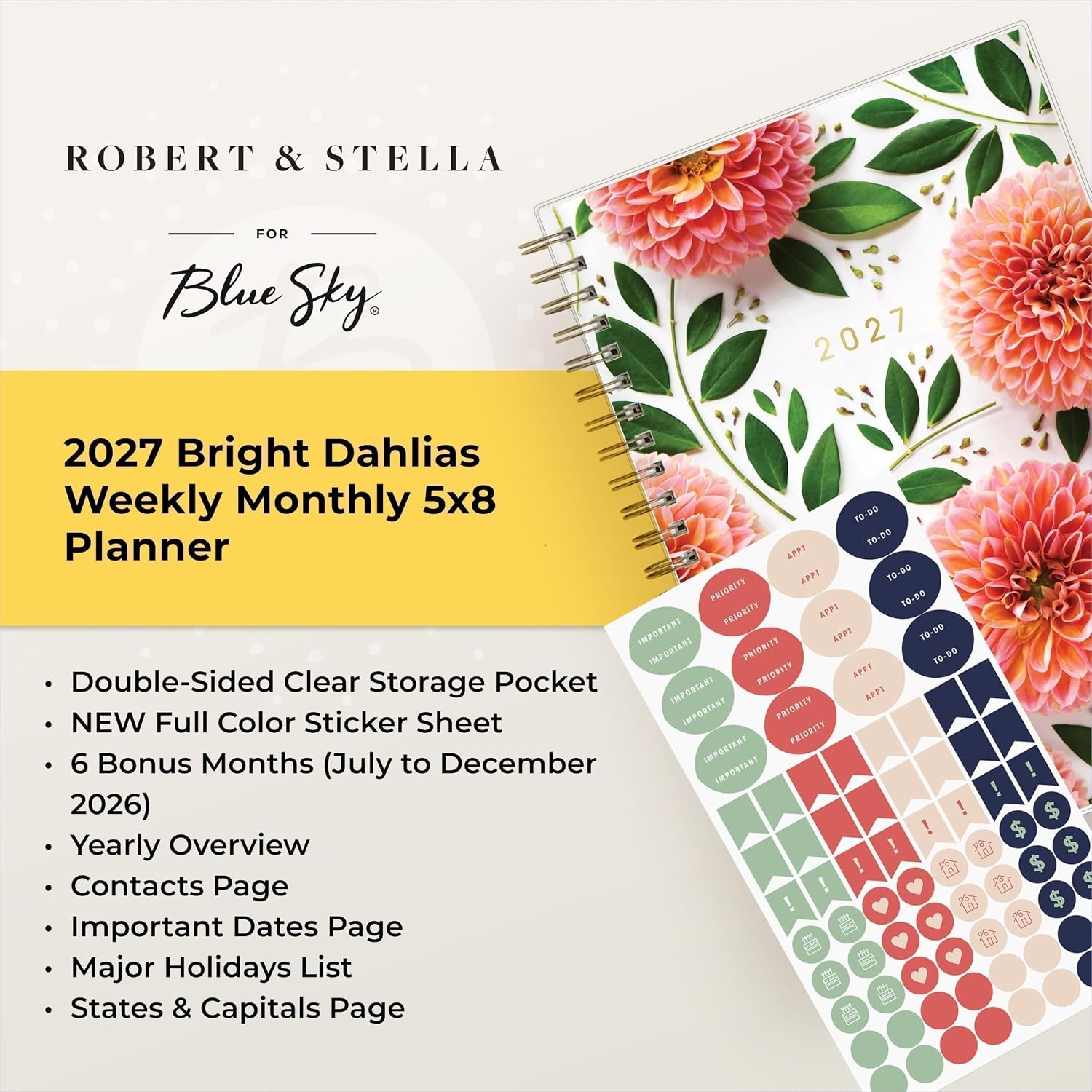 image:imageBlue Sky 2027 Weekly amp Monthly Planner Calendar 5x8 Bright DahliasBright Dahlias 2027