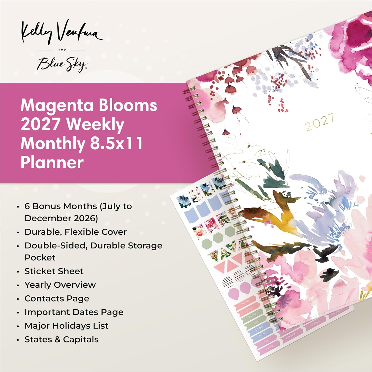 image:imageBlue Sky 2027 Weekly amp Monthly Planner Calendar 5x8 Magenta BloomsMagenta Blooms 2027