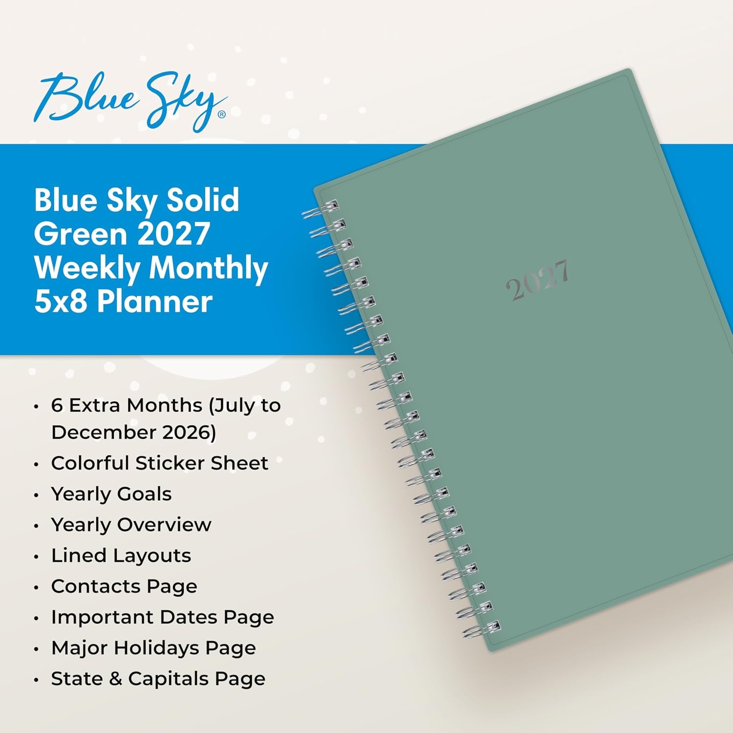image:imageBlue Sky 2027 Weekly amp Monthly Planner Calendar 5x8 Solid Green