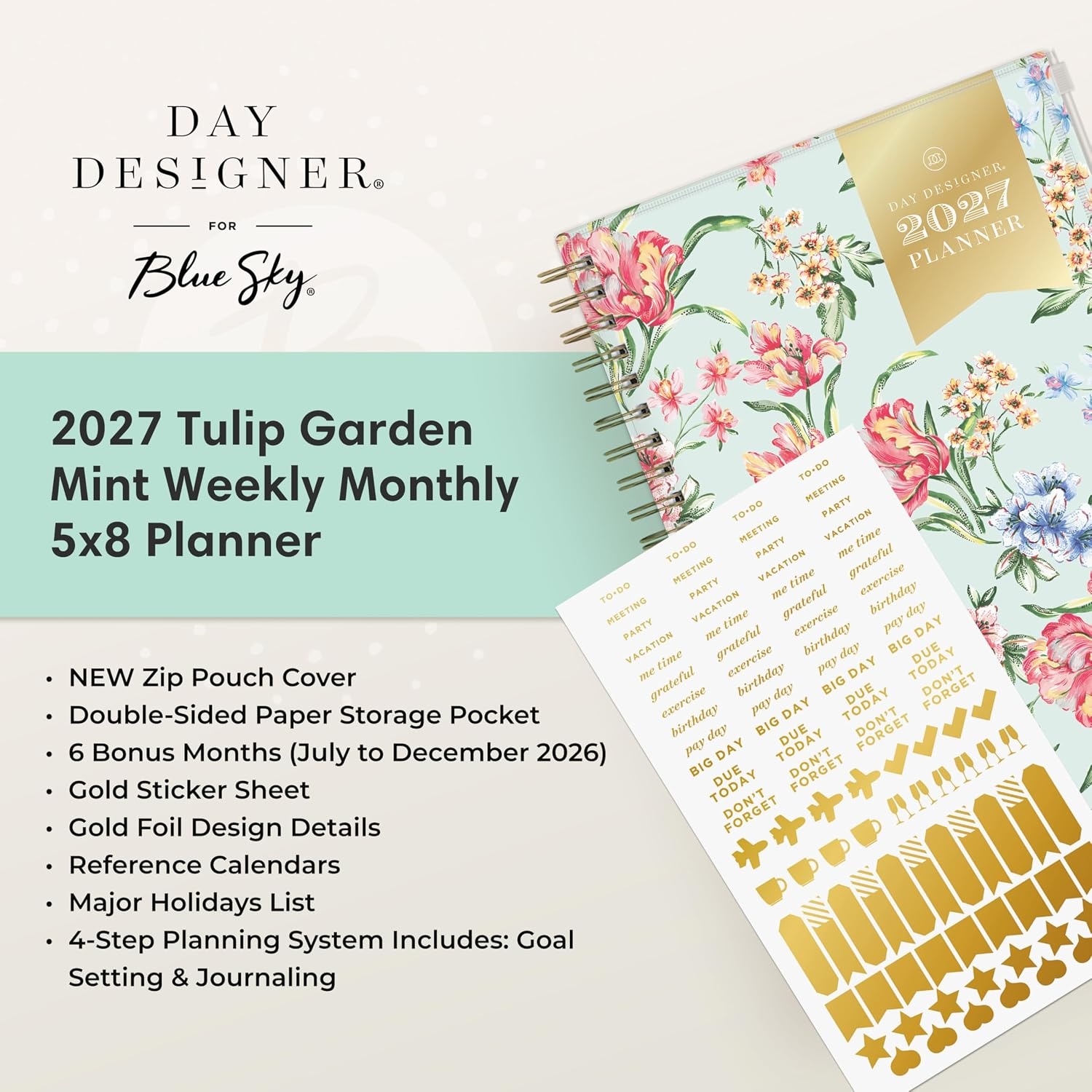 image:imageBlue Sky 2027 Weekly amp Monthly Planner Calendar 5x8 Tulip Garden MintTulip Garden Mint 2027