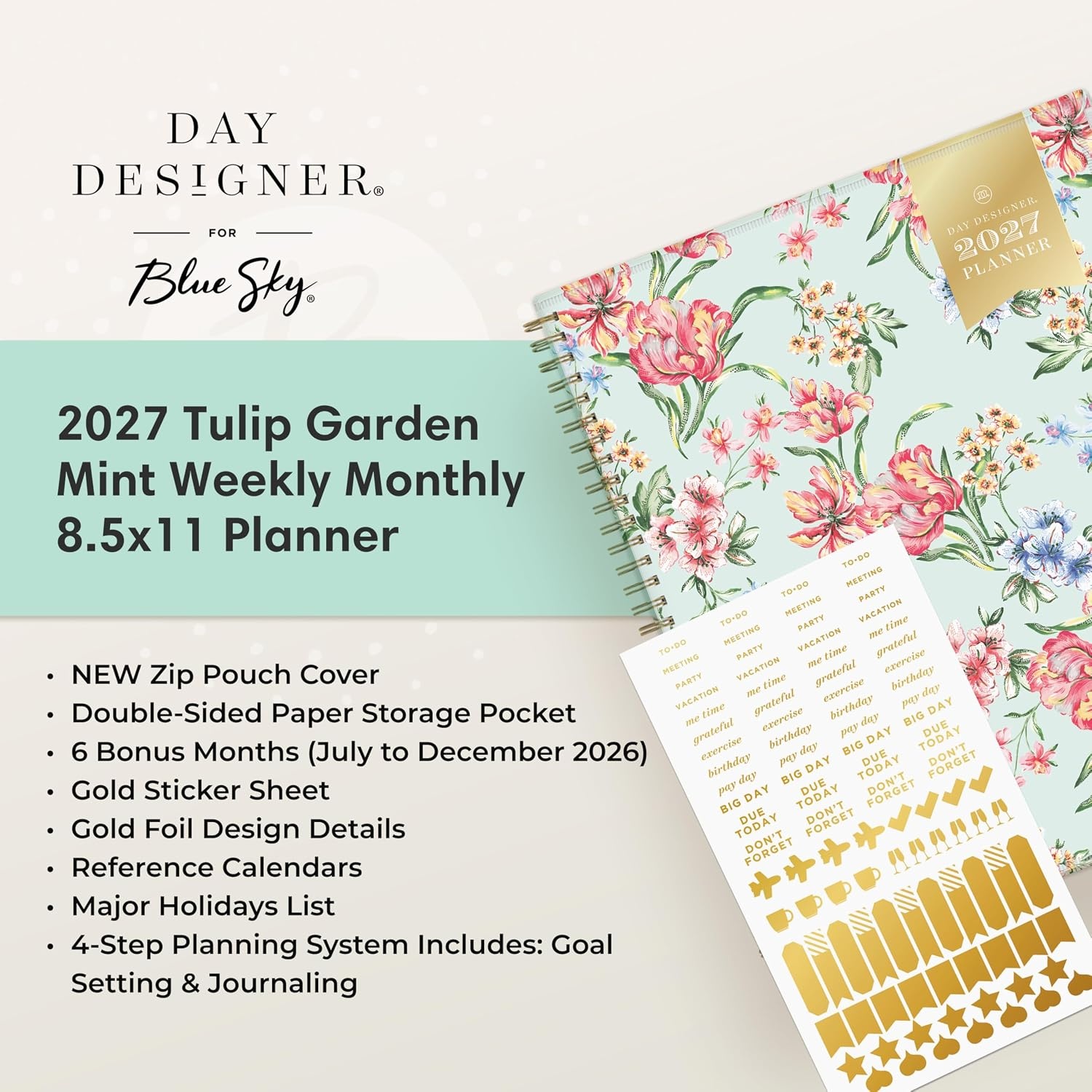 image:imageBlue Sky 2027 Weekly amp Monthly Planner Calendar 5x8 Tulip Garden MintTulip Garden Mint 2027