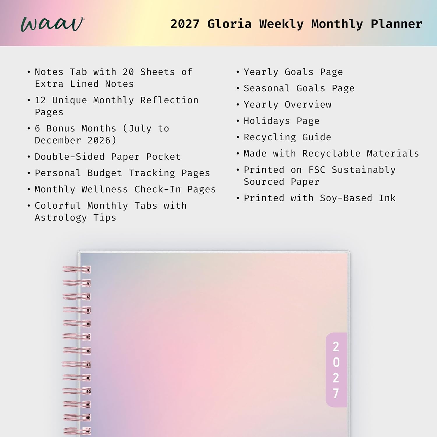 image:imageBlue Sky WAAV 2027 Weekly amp Monthly Planner Calendar 5875x8625 GloriaGloria 2027