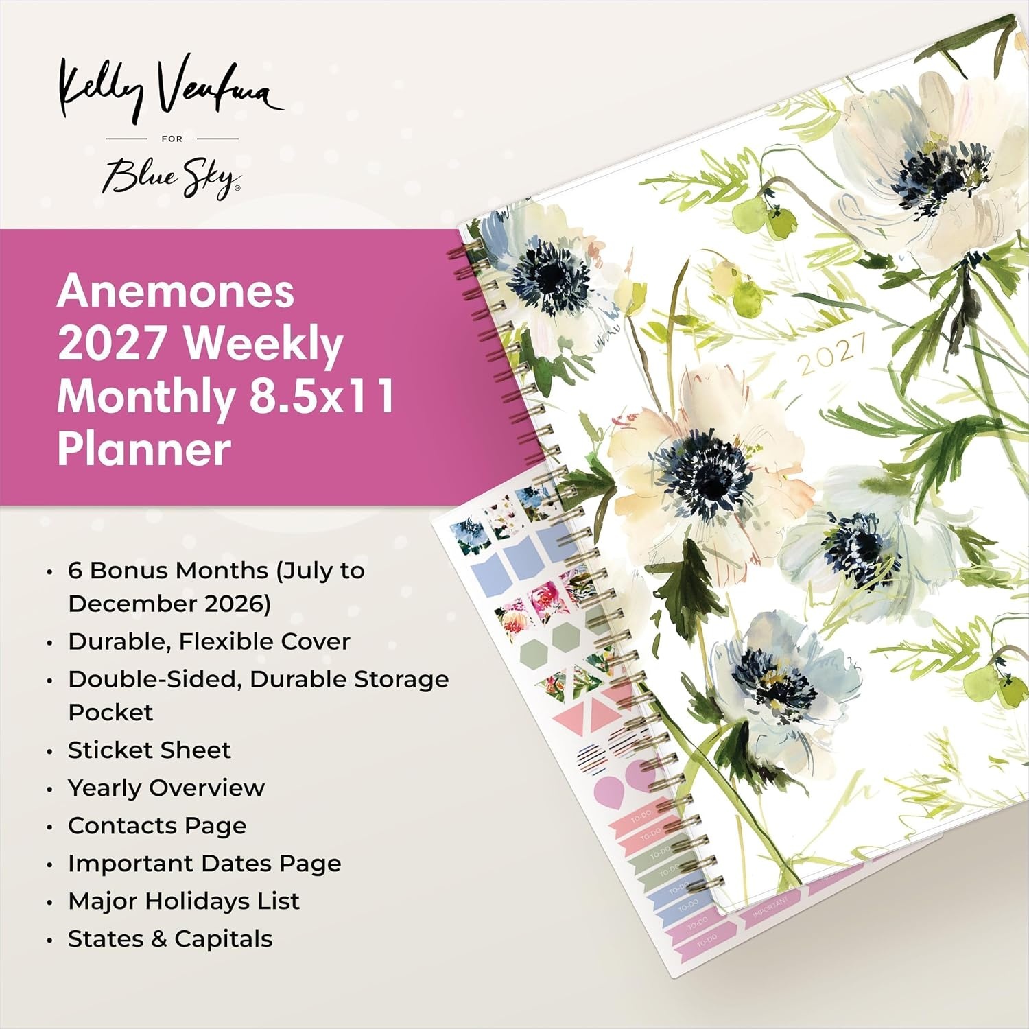 image:imageBlue Sky Kelly Ventura 2027 Weekly amp Monthly Planner 85x11 AnemonesAnemones 2027