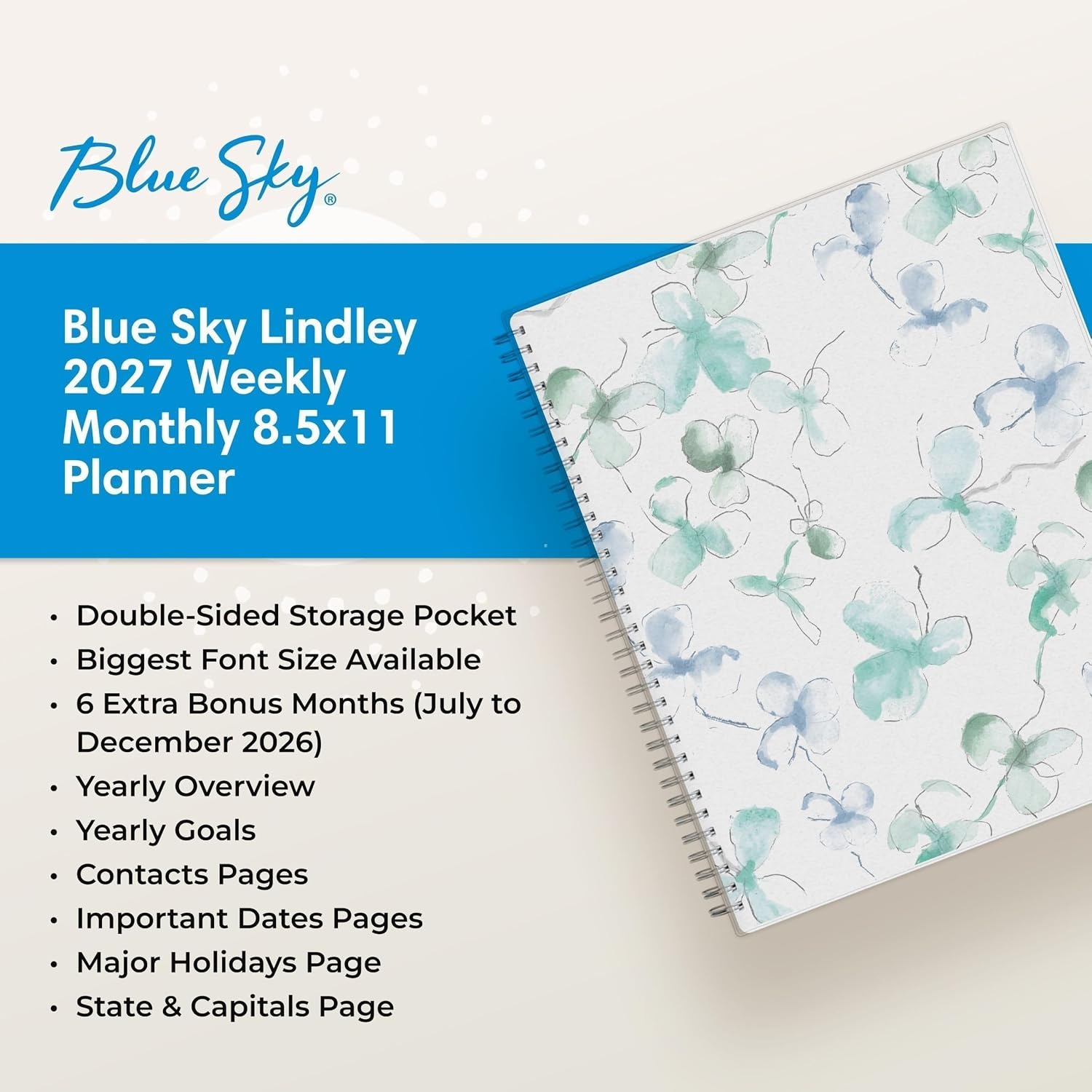 image:imageBlue Sky 2027 Weekly Monthly Planner Calendar 85x11 Large Print LindleyLindley 2027