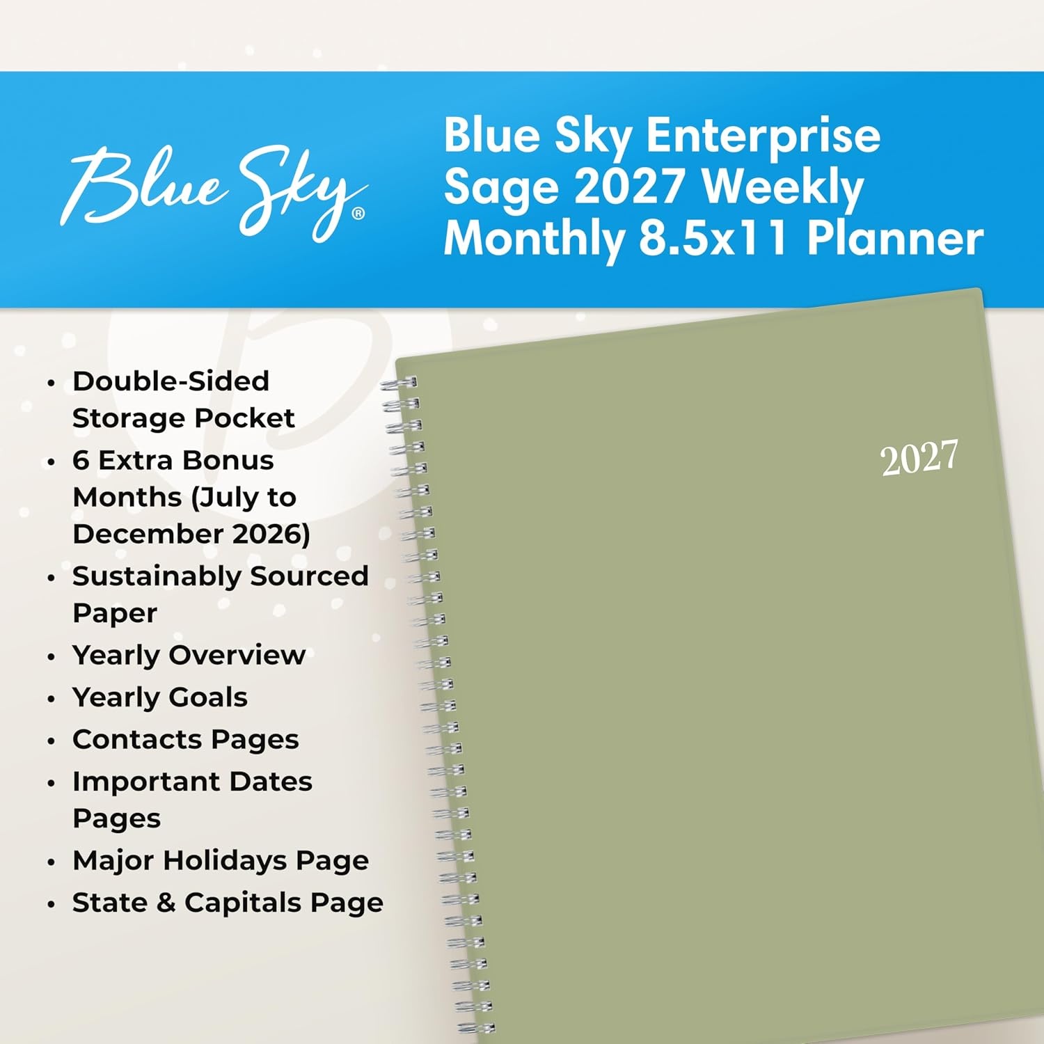 image:imageBlue Sky 2027 Weekly amp Monthly Planner 85x11 Enterprise Sage GreenEnterprise Sage Green 2027