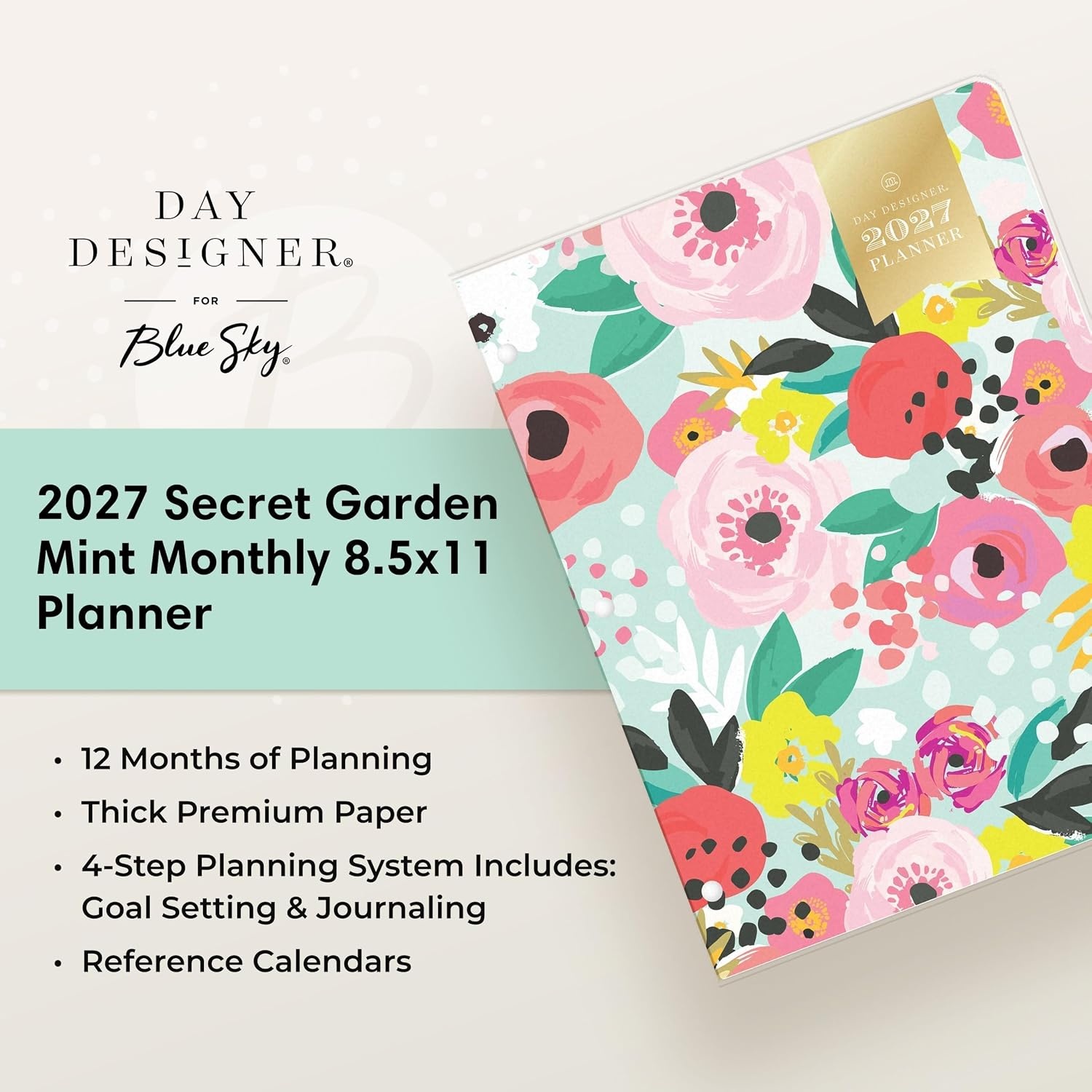 image:imageBlue Sky Day Designer 2027 Monthly Planner 85x11 Secret Garden MintSecret Garden Mint 2027